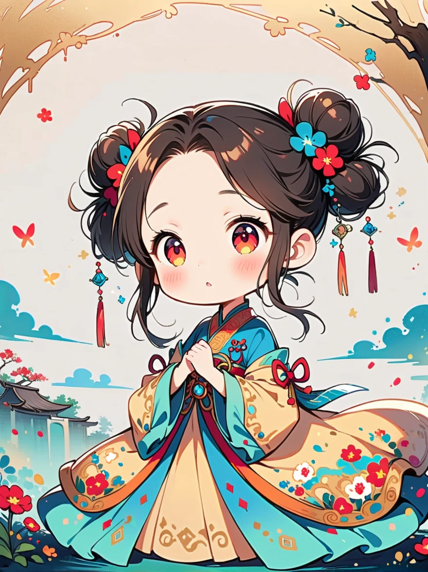 Works of Chinese style masters，shining，dream color，art，Ethereal，dream，((Beautiful 5 years old elf girl))，(((5 years old)))，((独奏))，cute，kawaii，Detailed facial features of a ，glowing eyes，Ethereal Radiance，wonderland，(Little)，((Bun hair bun))，composition，Dazzling colors，Stunning visual effects，otherworldly appearance，Fascinating artistry，(anatomically correct, 8K)