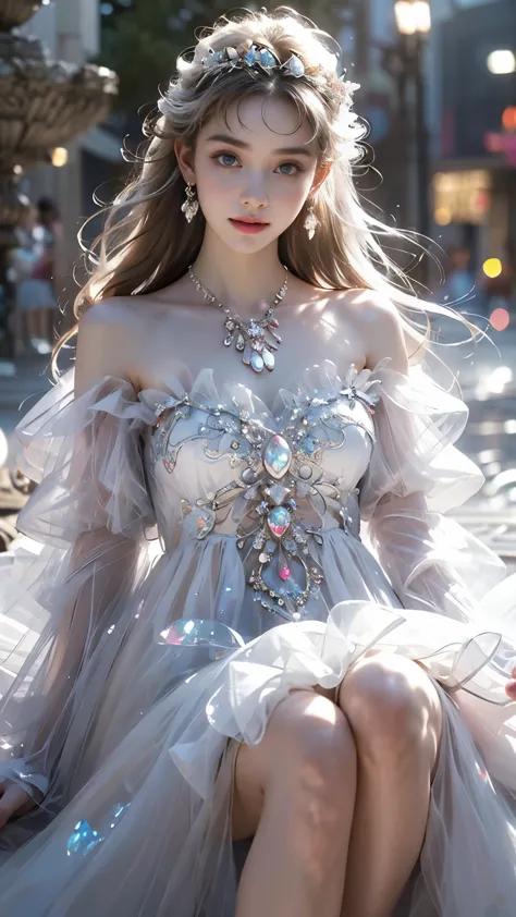 8K, ultra hd, masterpiece, 1 girl, (ibeautiful face:1.4), detailed eyes, very long hair, impressive hairstyle, earings, necklace, small breasts, (white dress:1.5), (fantasy dress:1.5) Light-colored foundation brings out the transparency of the skin, (in th...