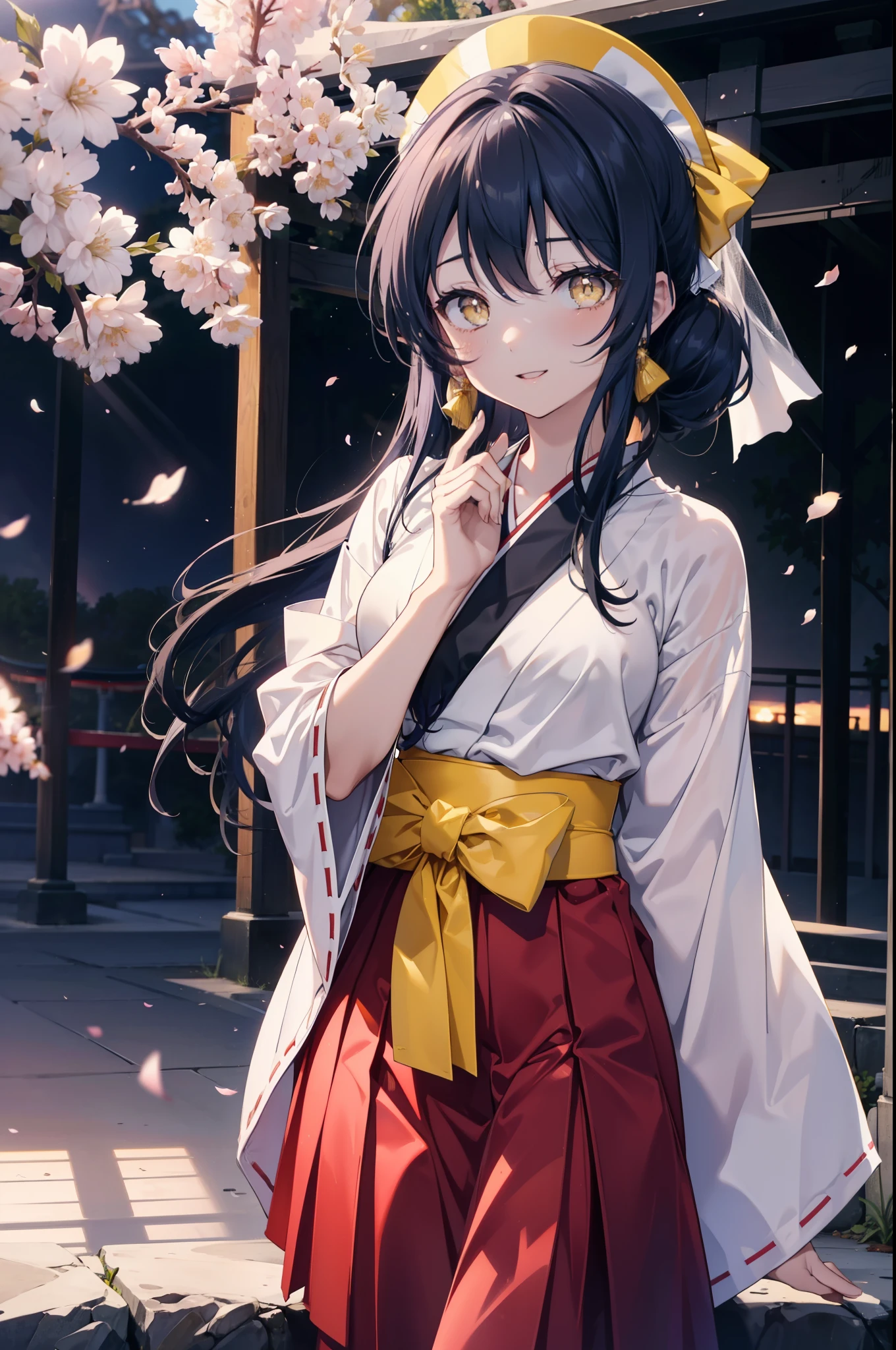 you are so kind, umi sonoda, long hair, blue hair, (yellow eyes:1.5) (flat chest:1.2),happy smile, smile, open your mouth,black rim glasses,Blue headband,
Platycodon grandiflorum,Miko, white kimono, red hakama,kimono, same as skirt, wide sleeve, long sleeve, ribbon trim sleeves, 
とてもlong hair, dull bangs, low ponytail, evening,sunset,The sun is setting,cherry blossoms are blooming,Cherry blossoms are falling,
break looking at viewer,whole body,Upper body,,(cowboy shot:1.5),
break indoors, shrine,torii,
break (masterpiece:1.2), highest quality, High resolution, unity 8k wallpaper, (figure:0.8), (detailed and beautiful eyes:1.6), highly detailed face, perfect lighting, Very detailed CG, (perfect hands, perfect anatomy),