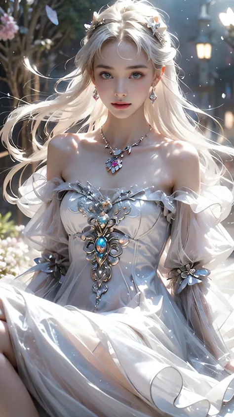 8K, ultra hd, masterpiece, 1 girl, (ibeautiful face:1.4), detailed eyes, very long hair, impressive hairstyle, earings, necklace, small breasts, (white dress:1.5), (fantasy dress:1.5) Light-colored foundation brings out the transparency of the skin, (in th...