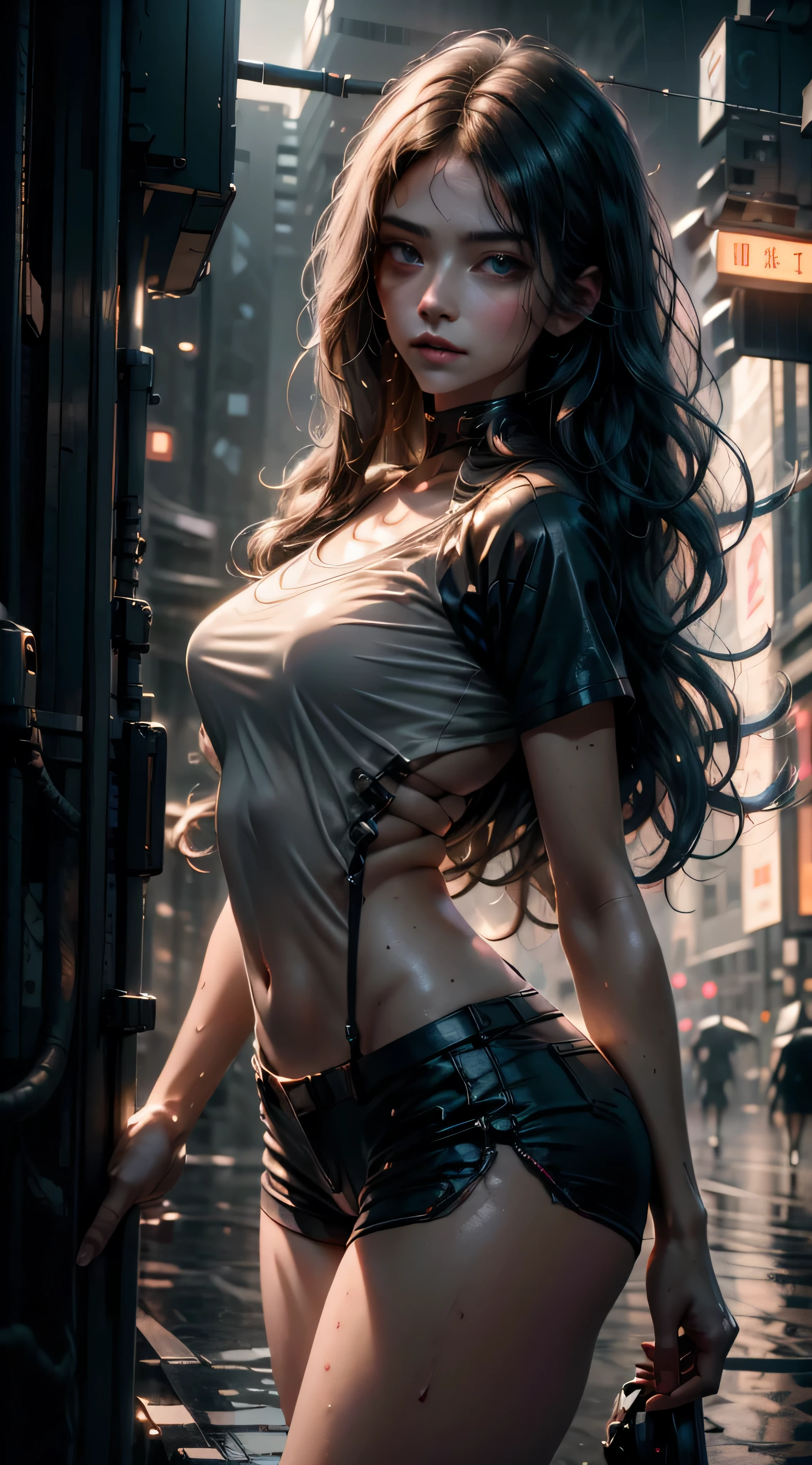 Beautiful woman with wavy hair, delicate and charming eyes, thigh notch, sexy long legs, t-shirt in small shorts, beautiful futuristic cyberpunk + city, mist, damp, rain, best quality masterpiece, realistic, detailed, 8k, HDR, shallow depth of field, wide light, high contrast, backlight, flood, flash, chromatic aberration, sharp focus, RAW color photo