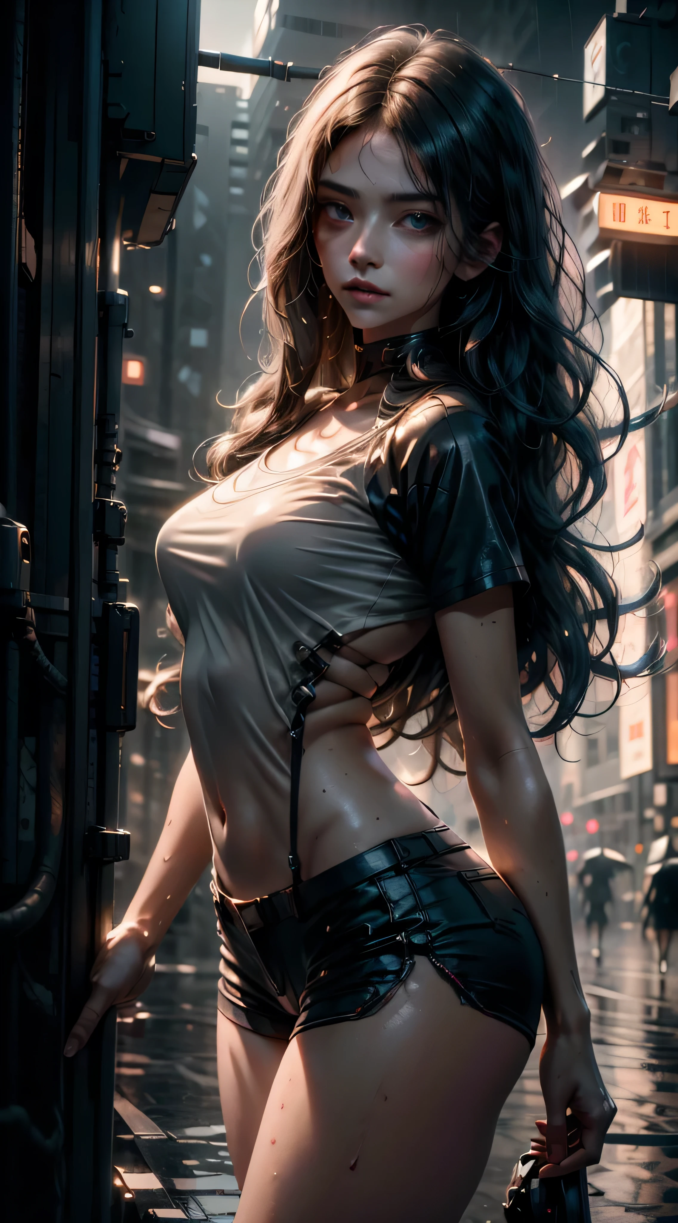 hermosa mujer con cabello ondulado, Ojos delicados y encantadores., muesca del muslo, Piernas largas y sexys, camiseta con pantalones cortos pequeños, hermoso cyberpunk futurista + ciudad, neblina, húmedo, lluvia, obra maestra de mejor calidad, Realista, detallado, 8k, HDR, poca profundidad de campo, luz amplia, alto contraste, iluminar desde el fondo, inundación, Destello, aberración cromática, enfoque nítido, Foto en color crudo