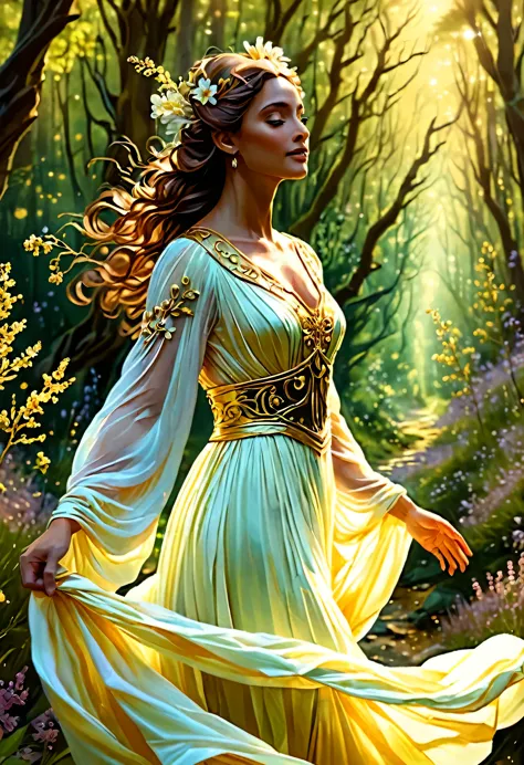 arafed woman in a flowing dress in a forest, gold ethereal light, goddess of light, heather theurer, beautiful maiden, fey queen...