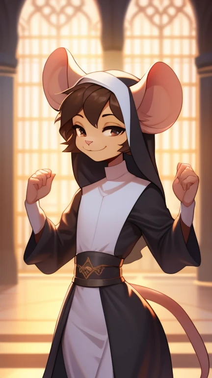 Best quality, Super detailed illustration, Warm tones, perfect lighting, (fluffy mouse boy:1.4) , feminine face and body, disheveled thick hair, nun&#39;s robe, beautiful temple background, smug smile, half-closed eyes , femboy, small waist, wide hips, slim, perfect body, DND style
