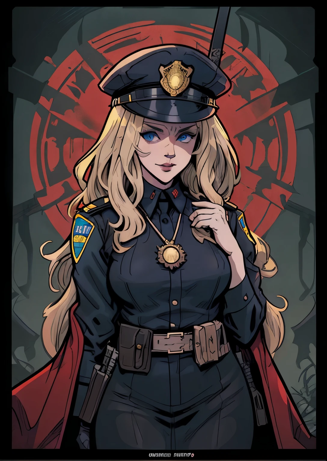 fille de policier, 
nous portons un chapeau de police, 
paramètres post-apocalypse, 
Illustration de bande dessinée sombre 2D, 
anime fantastique, 
encrage fin, 
Contours noirs épais, 
cel-shading, 
Contour, 
mystérieux, 
Par Alphonse Mucha, 
artgerme, 
Ville de Salem 2, 
donjon le plus sombre, 
en colère:Seigneur des morts