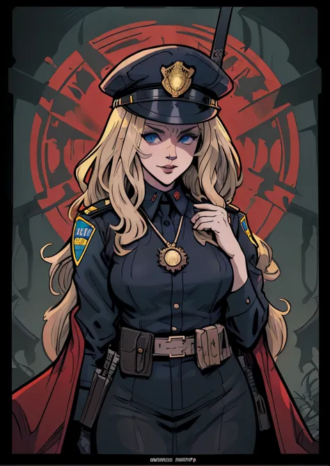 police officer girl, 
wering police hat, 
post apocalypse settings, 
2D dark comic illustration, 
anime fantasy, 
fine-inking, 
...