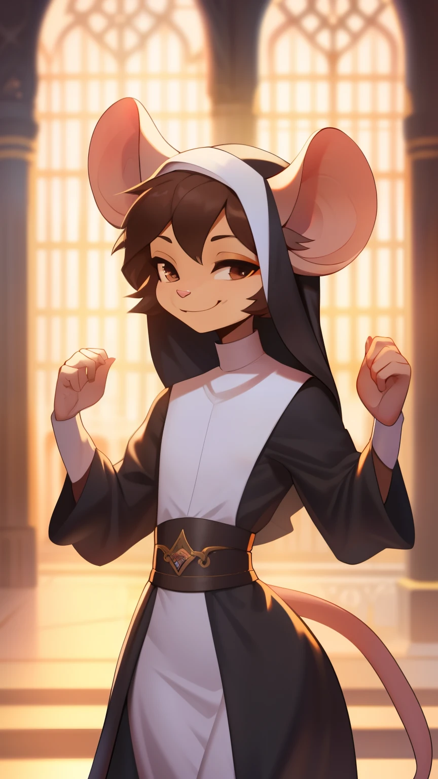 Best quality, Super detailed illustration, Warm tones, perfect lighting, (fluffy mouse boy:1.4) , feminine face and body, disheveled thick hair, nun&#39;s robe, beautiful temple background, smug smile, half-closed eyes , femboy, small waist, wide hips, slim, perfect body, DND style