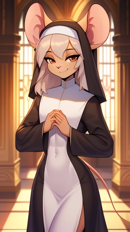 Best quality, Super detailed illustration, Warm tones, perfect lighting, (fluffy mouse boy:1.4) , feminine face and body, disheveled thick hair, nun&#39;s robe, beautiful temple background, smug smile, half-closed eyes , femboy, small waist, wide hips, slim, perfect body, DND style