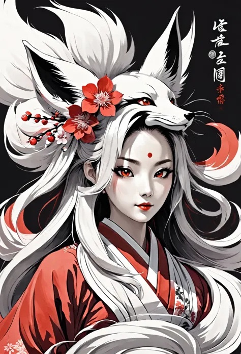 Beauty,Ancient Chinese costume:kimono:beautiful pattern:hakama,asian beauty,Chinese,perfect face,fox ears,Fox tail:Nine Tails,Be...