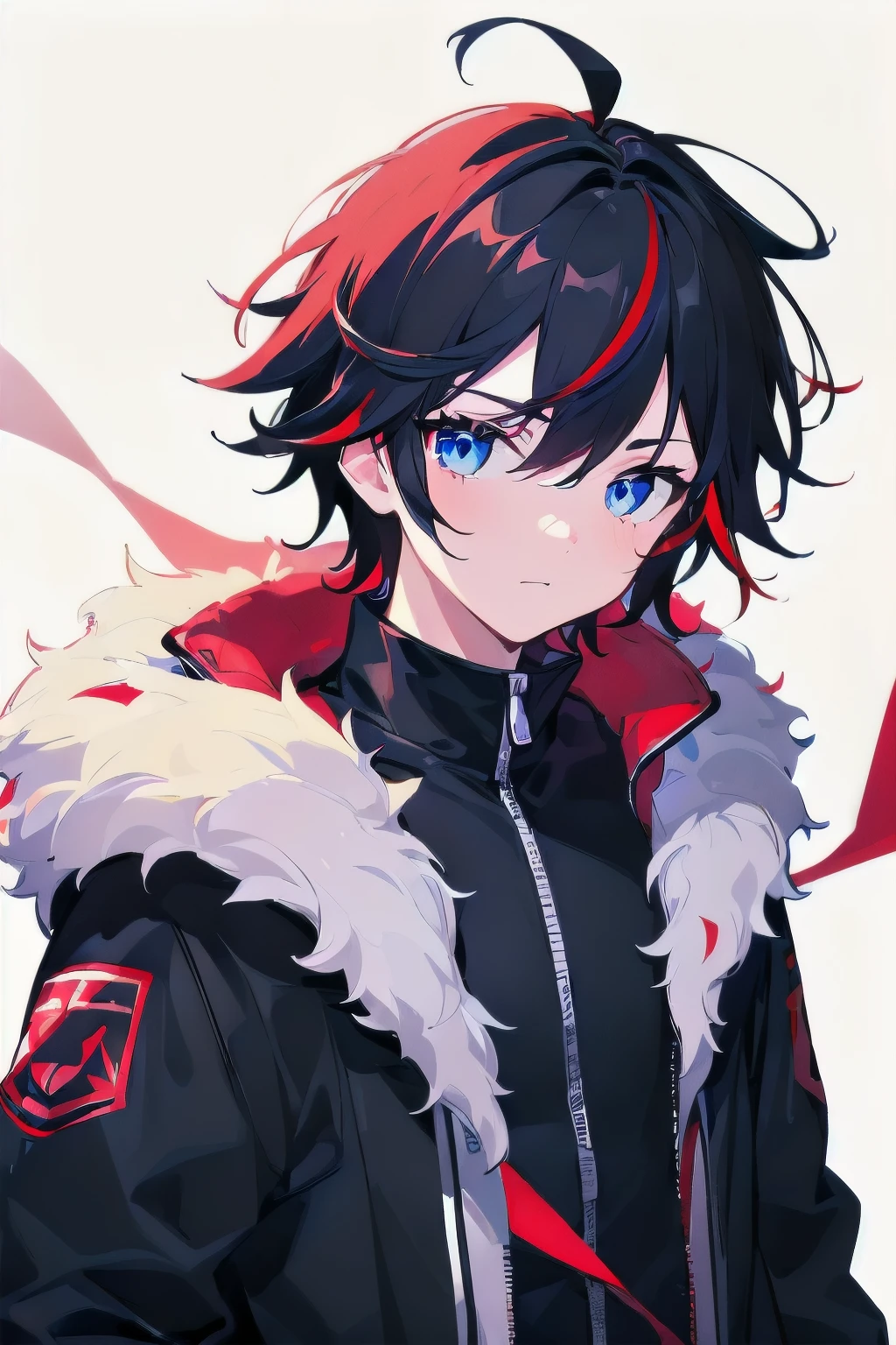 [(WHITE BACKGROUND:1.5),::5], ((((masterpiece)))), high quality, ultra very high resolution, full color, (((solo))), ((little boy)), black hair, ((red streaked hair)), blue eyes, anime, upper body, neon light, black parka, upper body, 