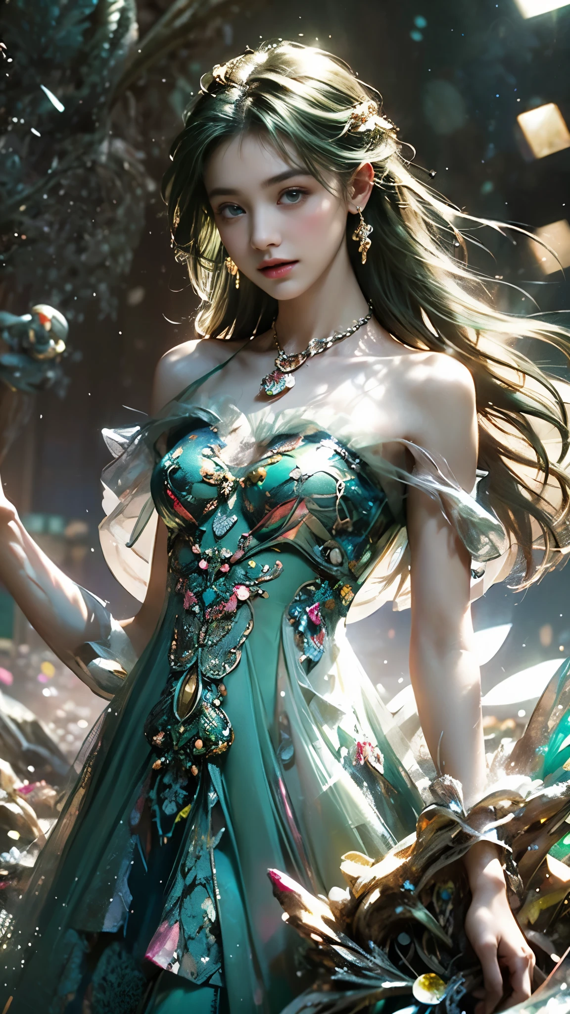 8K, ultra hd, masterpiece, 1 girl, (good face:1.4), detailed eyes, very long hair, impressive hairstyle, earings, necklace, small breasts, (green dress:1.5), see-through, (fantasy dress:1.5) Light-colored foundation brings out the transparency of the skin, (in the wonderland:1.5), mystery, diwali lights, glowing lights, very decoration, The lights falls like water, perfect body,