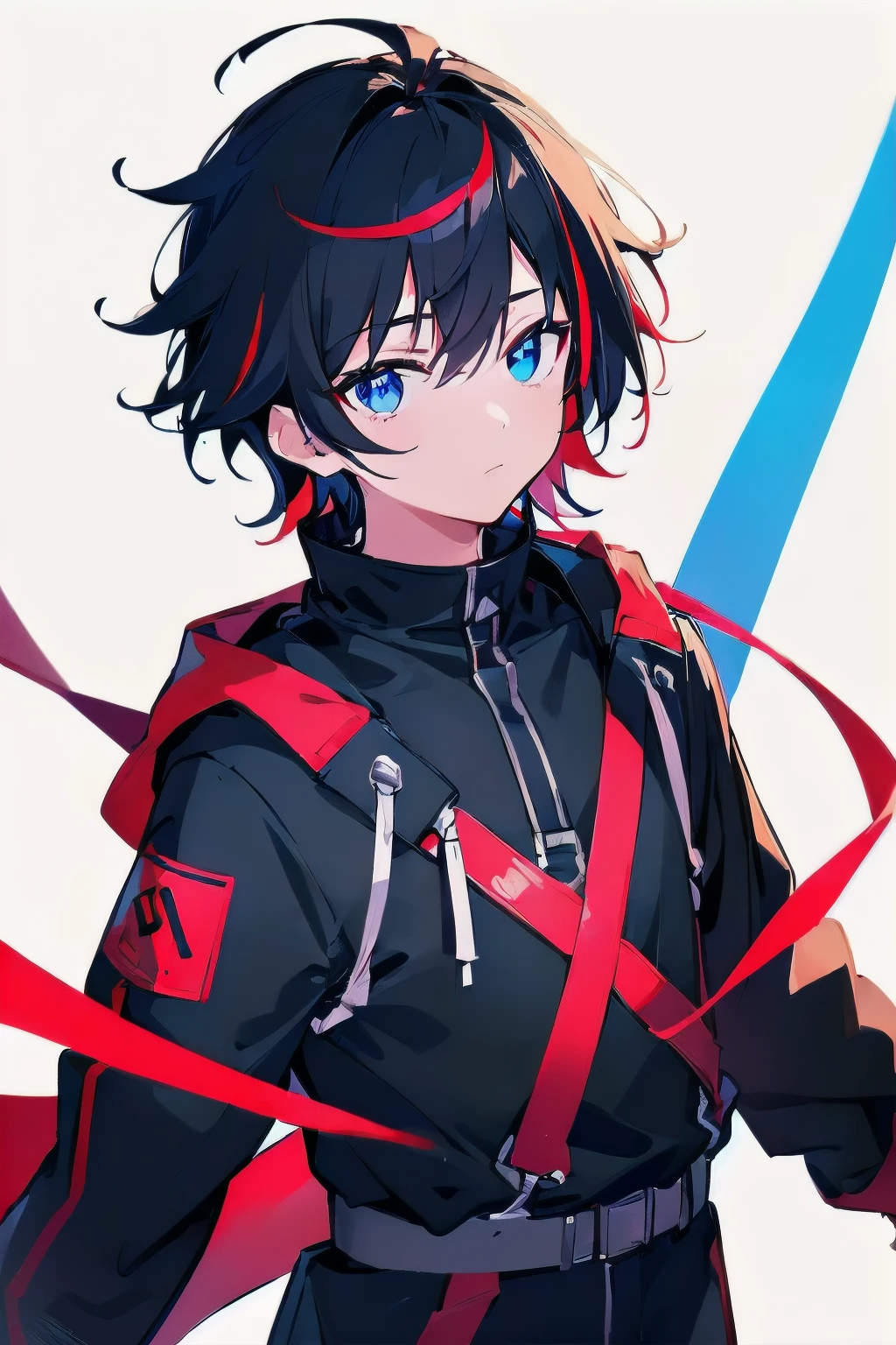 [(WHITE BACKGROUND:1.5),::5], ((((masterpiece)))), high quality, ultra very high resolution, full color, (((solo))), ((little boy)), black hair, ((red streaked hair)), blue eyes, anime, upper body, neon light, black parka, upper body, 