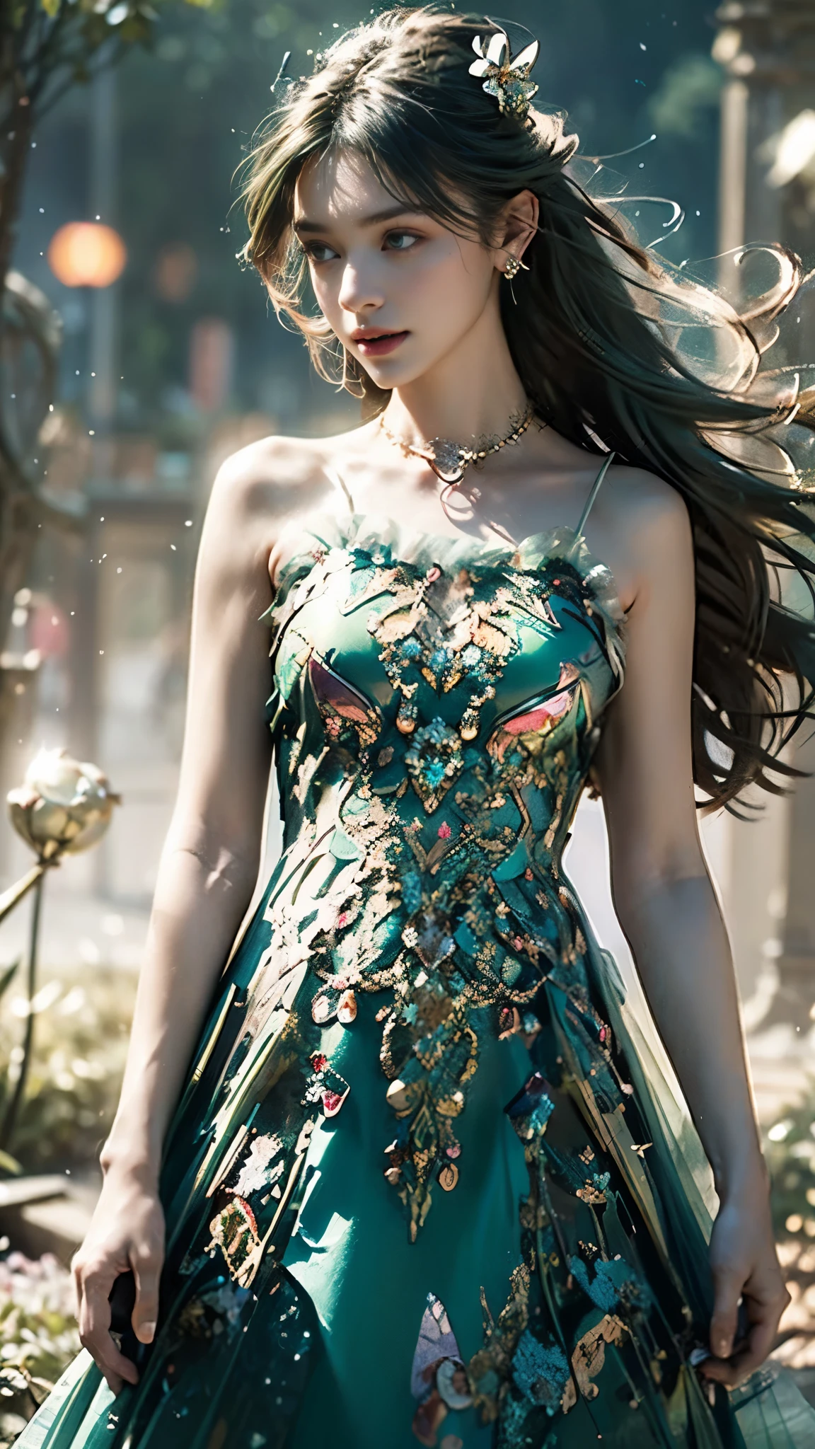 8K, ultra hd, masterpiece, 1 girl, (good face:1.4), detailed eyes, very long hair, impressive hairstyle, earings, necklace, small breasts, (green dress:1.5), see-through, (fantasy dress:1.5) Light-colored foundation brings out the transparency of the skin, (in the wonderland:1.5), mystery, diwali lights, glowing lights, very decoration, The lights falls like water, perfect body,