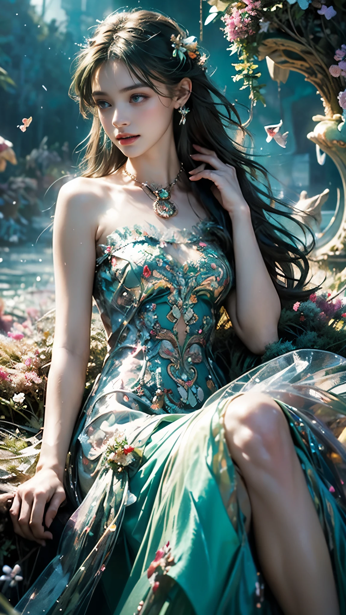 8K, ultra hd, masterpiece, 1 girl, (good face:1.4), detailed eyes, very long hair, impressive hairstyle, earings, necklace, small breasts, (green dress:1.5), see-through, (fantasy dress:1.5) Light-colored foundation brings out the transparency of the skin, (in the wonderland:1.5), mystery, diwali lights, glowing lights, very decoration, The lights falls like water, perfect body, sitting,