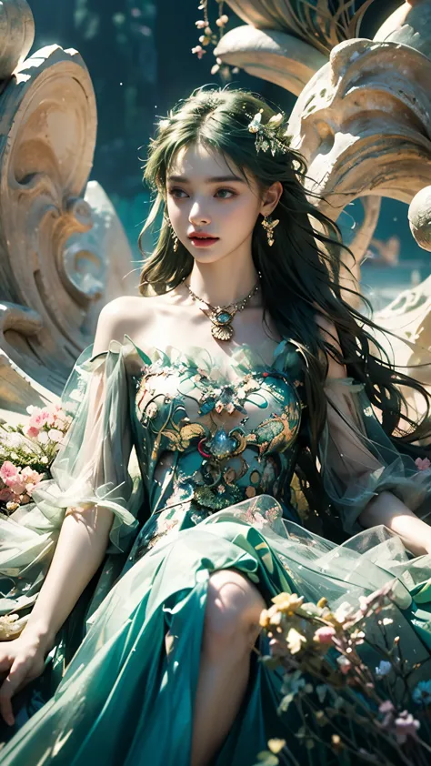 8K, ultra hd, masterpiece, 1 girl, (good face:1.4), detailed eyes, very long hair, impressive hairstyle, earings, necklace, small breasts, (green dress:1.5), see-through, (fantasy dress:1.5) Light-colored foundation brings out the transparency of the skin,...