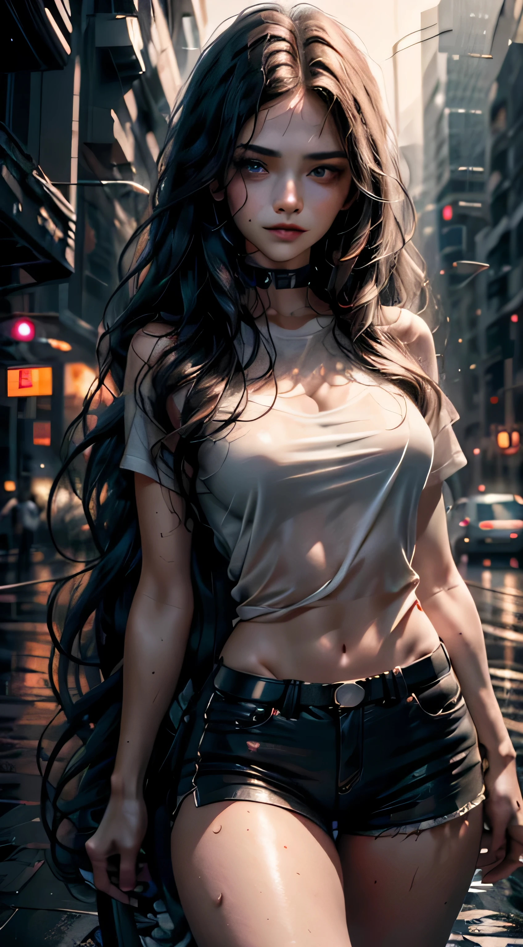 Beautiful woman with wavy hair, delicate and charming eyes, thigh notch, sexy long legs, t-shirt in small shorts, beautiful futuristic cyberpunk + city, mist, damp, rain, best quality masterpiece, realistic, detailed, 8k, HDR, shallow depth of field, wide light, high contrast, backlight, flood, flash, chromatic aberration, sharp focus, RAW color photo