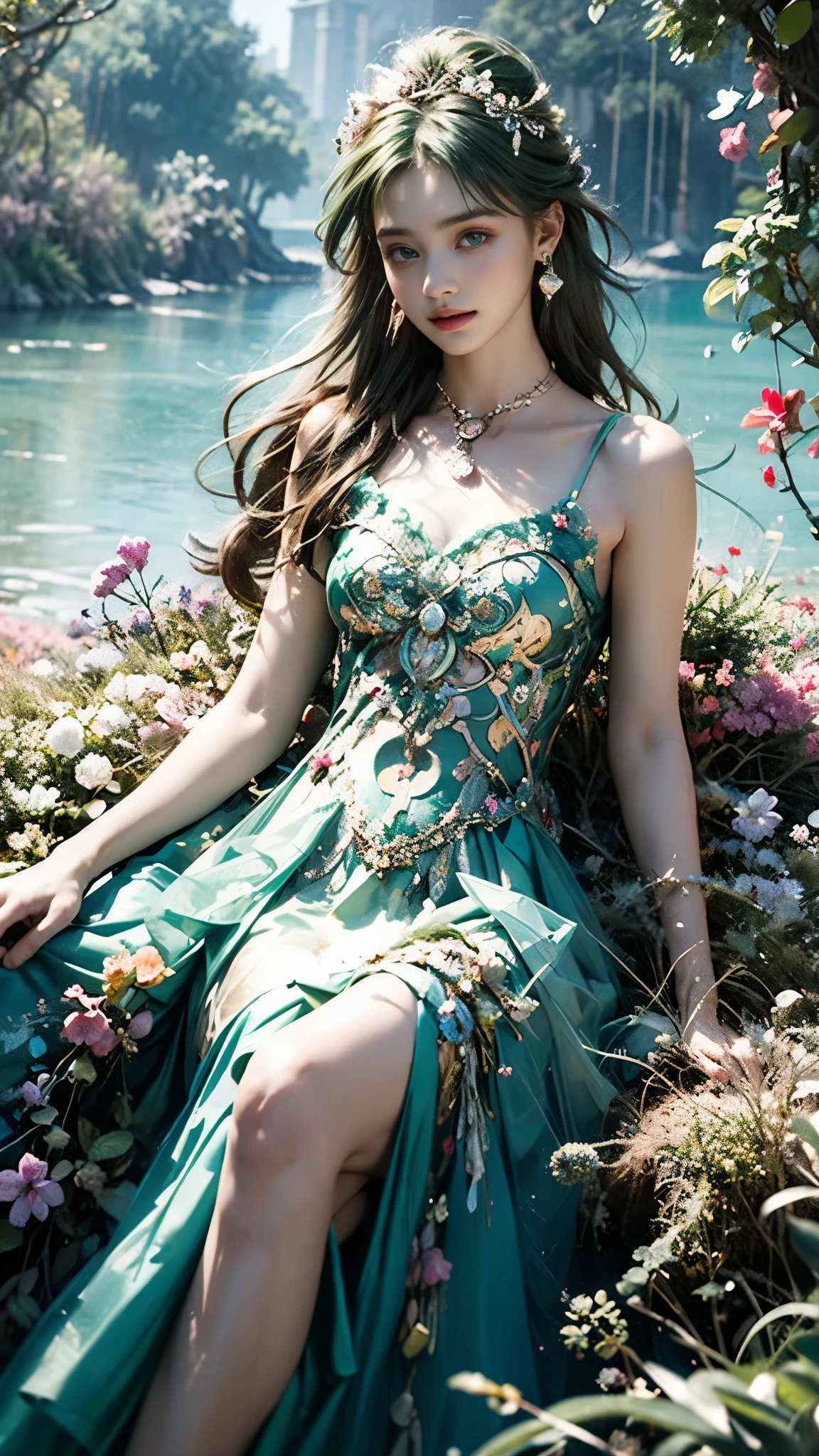 8K, ultra hd, masterpiece, 1 girl, (good face:1.4), detailed eyes, very long hair, impressive hairstyle, earings, necklace, small breasts, (green dress:1.5), see-through, (fantasy dress:1.5) Light-colored foundation brings out the transparency of the skin, (in the wonderland:1.5), mystery, diwali lights, glowing lights, very decoration, The lights falls like water, perfect body, sitting,