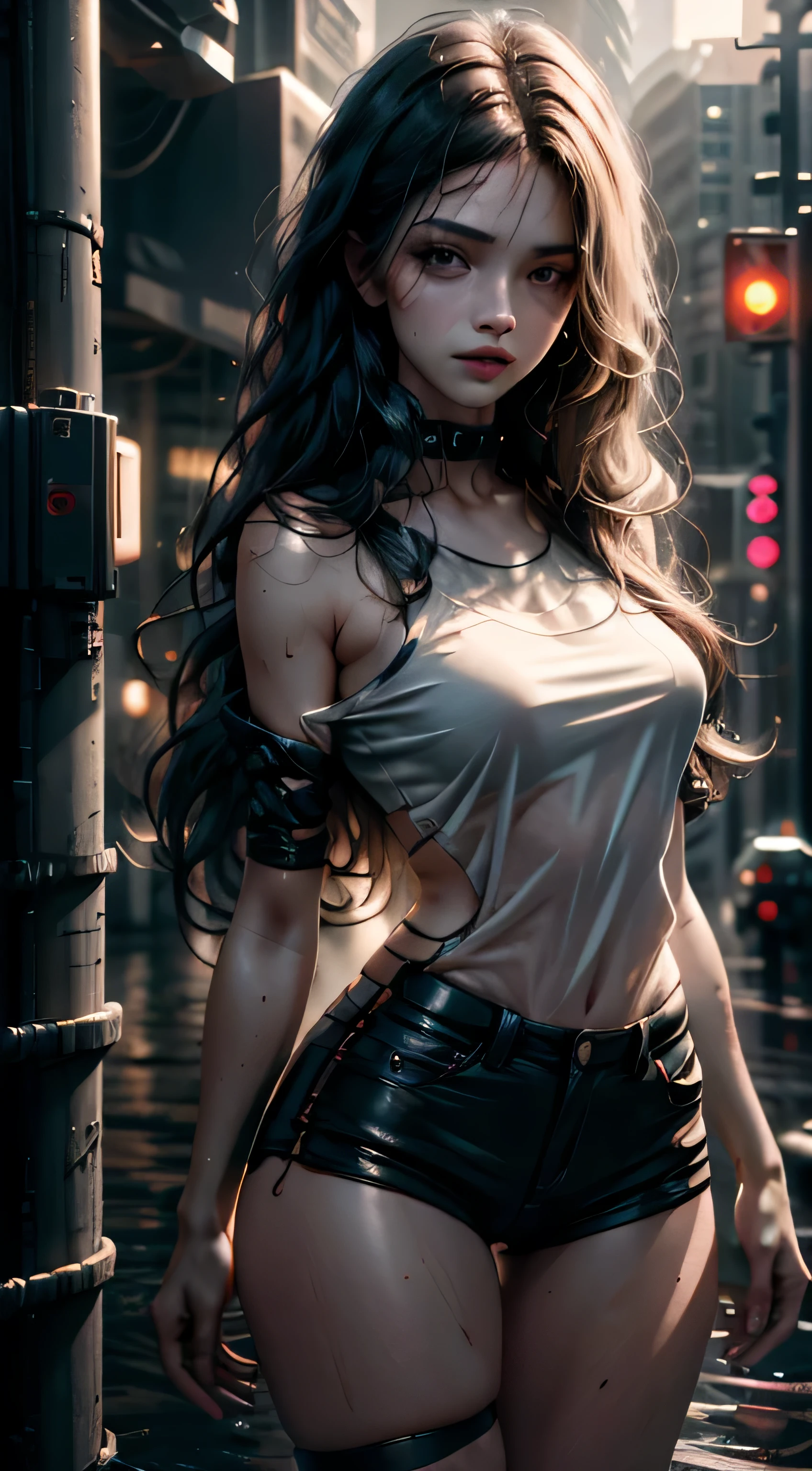 Beautiful woman with wavy hair, delicate and charming eyes, thigh notch, sexy long legs, t-shirt in small shorts, beautiful futuristic cyberpunk + city, mist, damp, rain, best quality masterpiece, realistic, detailed, 8k, HDR, shallow depth of field, wide light, high contrast, backlight, flood, flash, chromatic aberration, sharp focus, RAW color photo