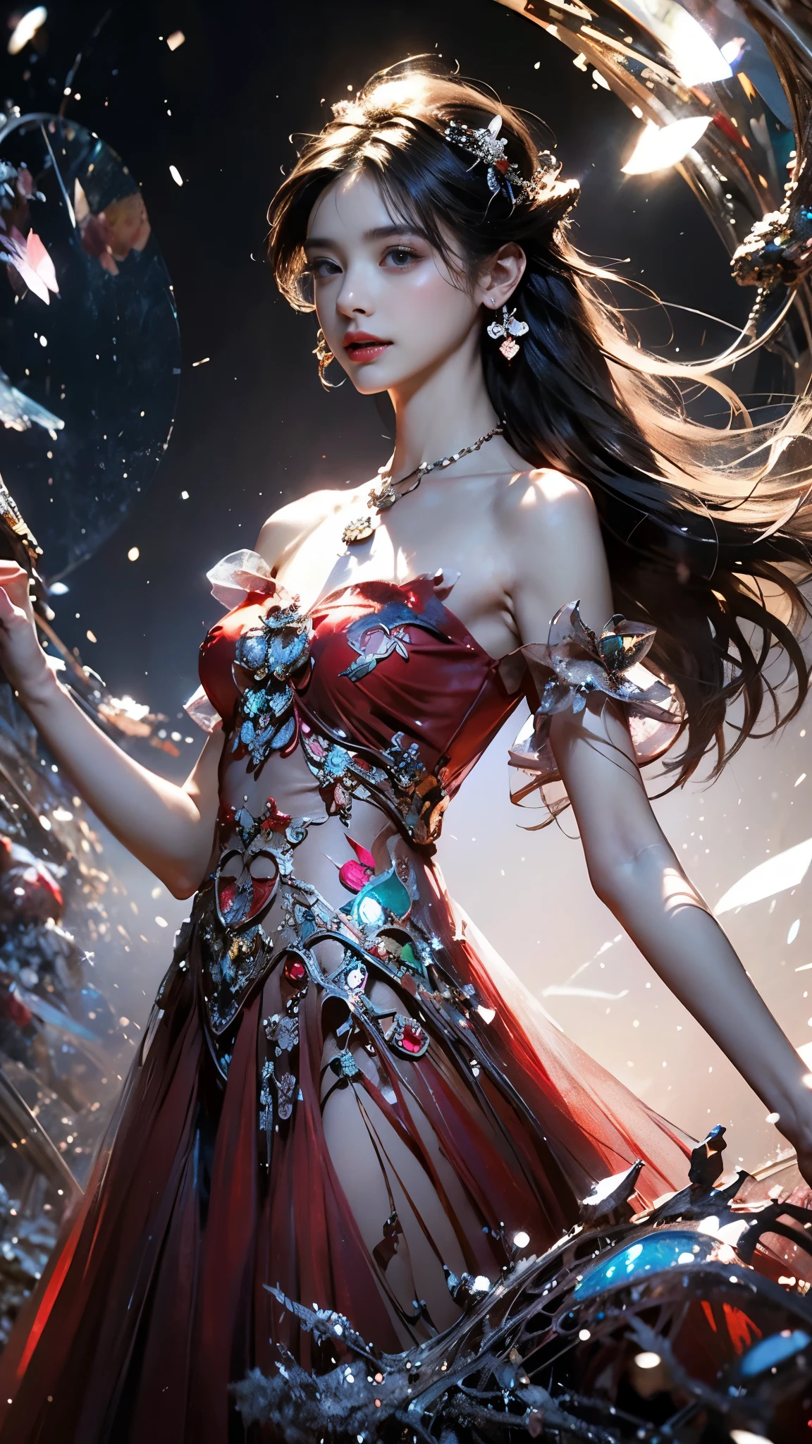 8K, ultra hd, masterpiece, 1 girl, (good face:1.4), detailed eyes, very long hair, impressive hairstyle, earings, necklace, small breasts, (red dress:1.5), see-through, (fantasy dress:1.5) Light-colored foundation brings out the transparency of the skin, (in the wonderland:1.5), mystery, diwali lights, glowing lights, very decoration, The lights falls like water, perfect body,
