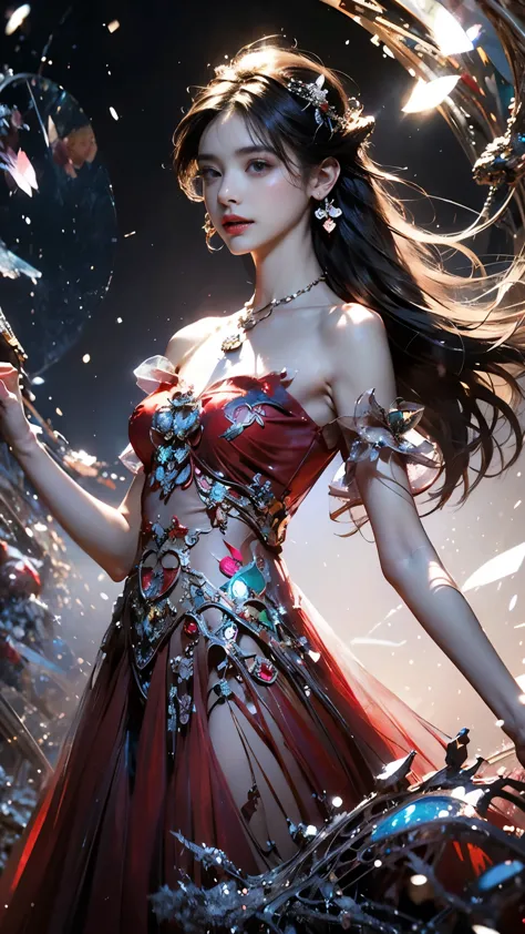8K, ultra hd, masterpiece, 1 girl, (good face:1.4), detailed eyes, very long hair, impressive hairstyle, earings, necklace, small breasts, (red dress:1.5), see-through, (fantasy dress:1.5) Light-colored foundation brings out the transparency of the skin, (...