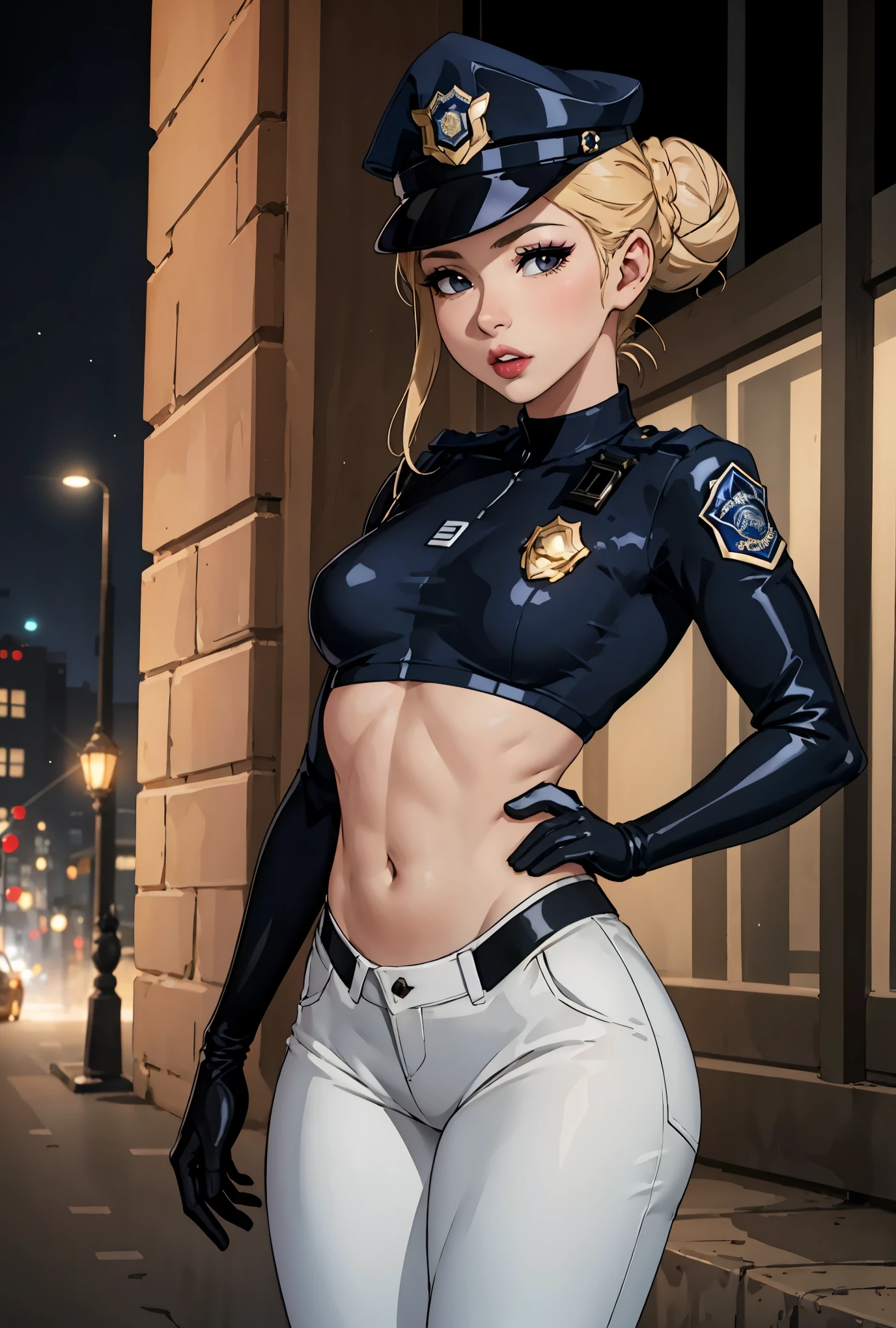 (Cowboy shot:1.5) 1 Same Girl , Perfect Beautiful , mature Face , ((korean woman)), Korean 18 Years Old , ((large hair bun:1.4)) , ((police officer outfit)), ((police cap:1.5)),Athletic Body , ((small breasts:1.5)) Extreme Detailed Portrait With Bokeh Effect , Realistic Lighting ,(latex pants)Night Street View , Dark Vibe , (petite body:1.7) streets , Gothic Makeup  , Posing Like a Model , Look at Viewer, ((puffy lips:1.3)), cool lighting, blue street lamp light((sunset ambiance light:0.8))