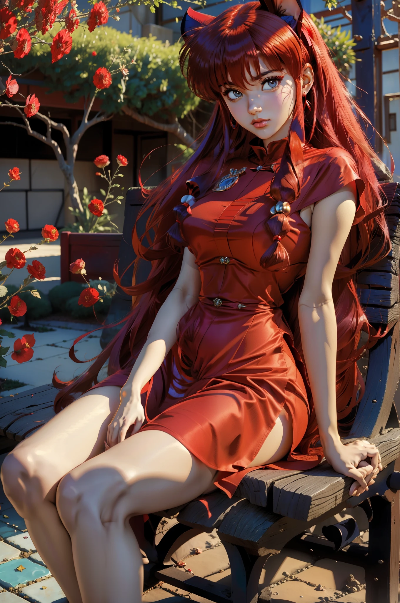 Arabian woman in a red dress with rabbit ears sitting on a bench, anime girl cosplay, seductive anime girl, anime goddess, Beautiful Asuka from Evangelion, shines red, red haired goddess, Beautiful charming anime teen, beautiful attractive anime woman, Asuka Langley Soryu, redhead girl, Soryu Asuka Langley, Completely red, japanese goddess