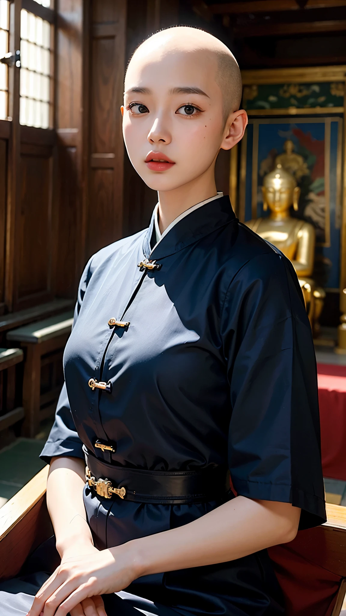 ((top quality, 8 thousand, masterpiece:1.3)), young korean woman, bald head, nun, Monks, temple, I, buddhism, Monks복, beads, Buddha,buddha statue