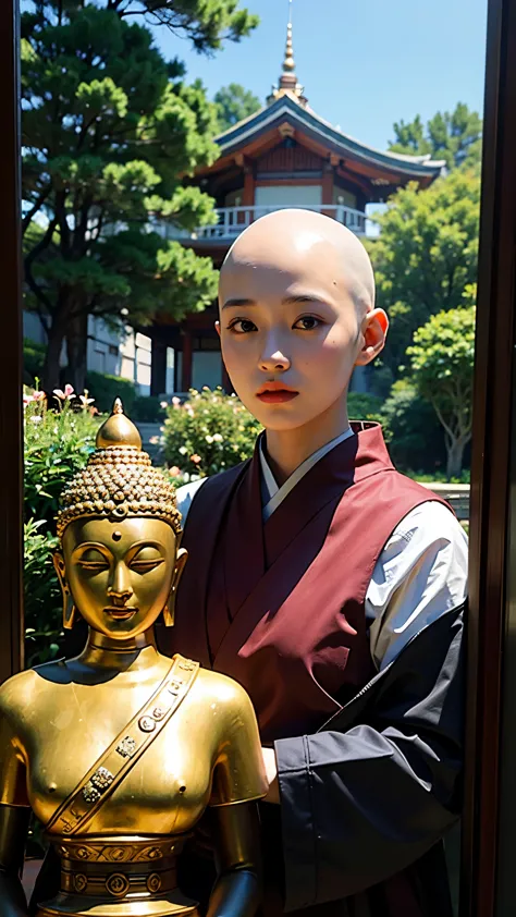 ((top quality, 8 thousand, masterpiece:1.3)), young korean woman, bald head, nun, Monks, temple, I, buddhism, Monks복, beads, Bud...