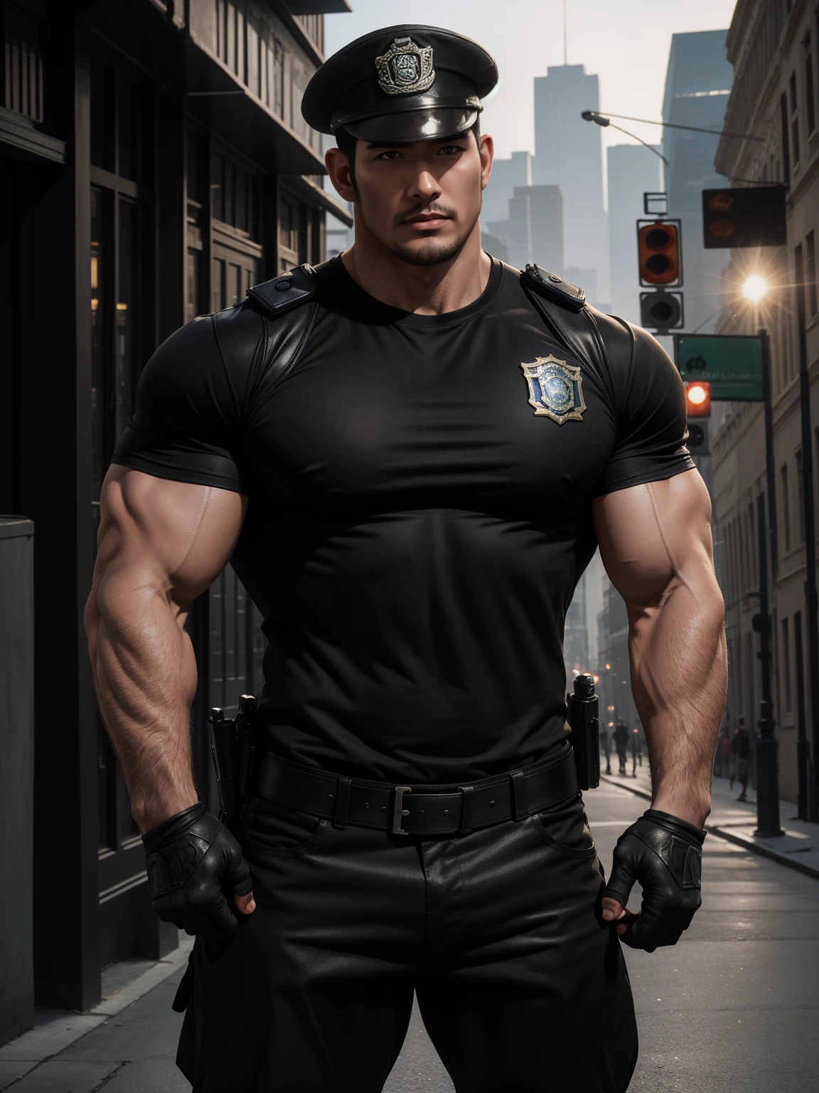 One Tall giant 肌肉發達的 police officer, 中國警察帽, 大黑面具,  在室外的街道上, 棕色緊身T卹, 表情霸氣十足, 抬起下巴, 蓬亂的頭髮, 大腿粗, 棕色緊身T卹, 很緊, 规则对称图案, 強調肌肉, 警服裤, 人物概念（Resident Evil - 克里斯·雷德菲爾德, 克里斯·雷德菲爾德）驕傲的表情, 深邃迷人的眼睛, 英勇的男性姿勢, tall 魁梧, 肌肉發達的！肌肉發達的 thighs, 硬漢, 完美的臉部特徵, 高的, 魁梧, Heqiang, 超增益又酷, 高解析度委員會, 魅力十足的強者, 陽光燦爛, 令人眼花撩亂