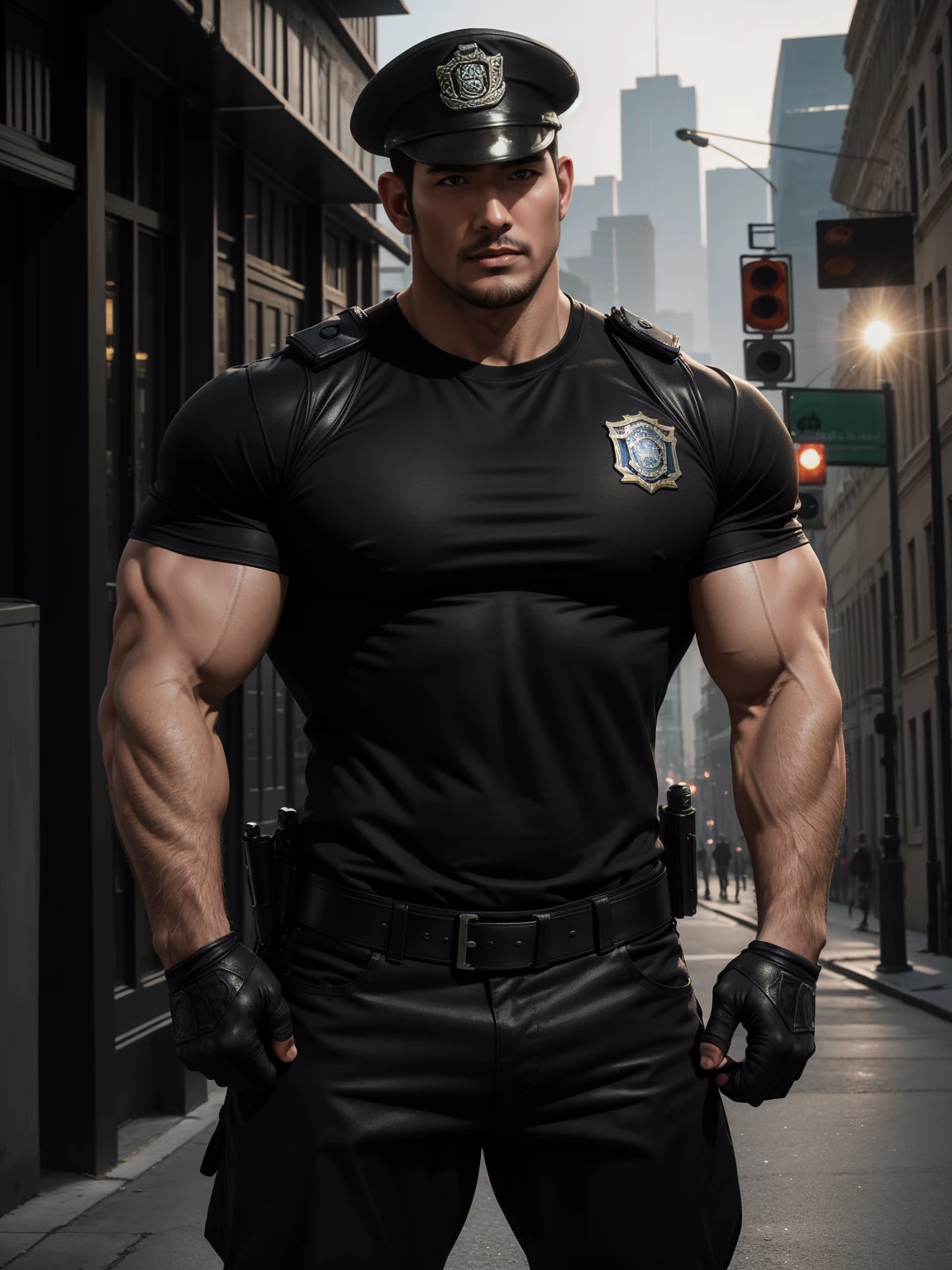 One Tall giant musclé police officer, Chapeau de police chinois, Grand masque noir,  Dans la rue extérieure, T-shirt skinny marron, L&#39;expression est arrogante, Lève ton menton, cheveux ébouriffés, cuisses épaisses, T-shirt skinny marron, très serré, Motif symétrique régulier, Accentuer les muscles, Pantalon d&#39;uniforme de police, Notion de personnage（Resident Evil - Chris Redfield, Chris Redfield）expression fière, Des yeux profonds et charmants, pose masculine héroïque, tall costaud, musclé！musclé thighs, dur à cuire, Caractéristiques faciales parfaites, haut, costaud, Heqiang, Super gain et cool, comité haute résolution, Homme fort et charmant, le soleil est flamboyant, éblouissant