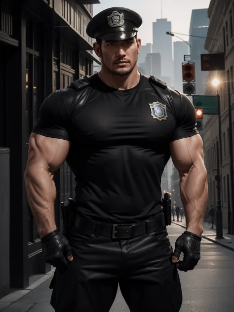 One Tall giant muscular police officer, Chinese police hat, Big black mask,  On the outdoor street, Brown skinny T-shirt, The ex...