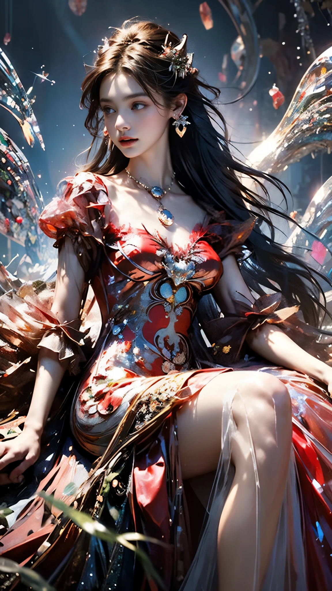 8K, ultra hd, masterpiece, 1 girl, (good face:1.4), detailed eyes, very long hair, impressive hairstyle, earings, necklace, small breasts, (red dress:1.5), see-through, (fantasy dress:1.5) Light-colored foundation brings out the transparency of the skin, (in the wonderland:1.5), mystery, diwali lights, glowing lights, very decoration, The lights falls like water, perfect body, sitting,