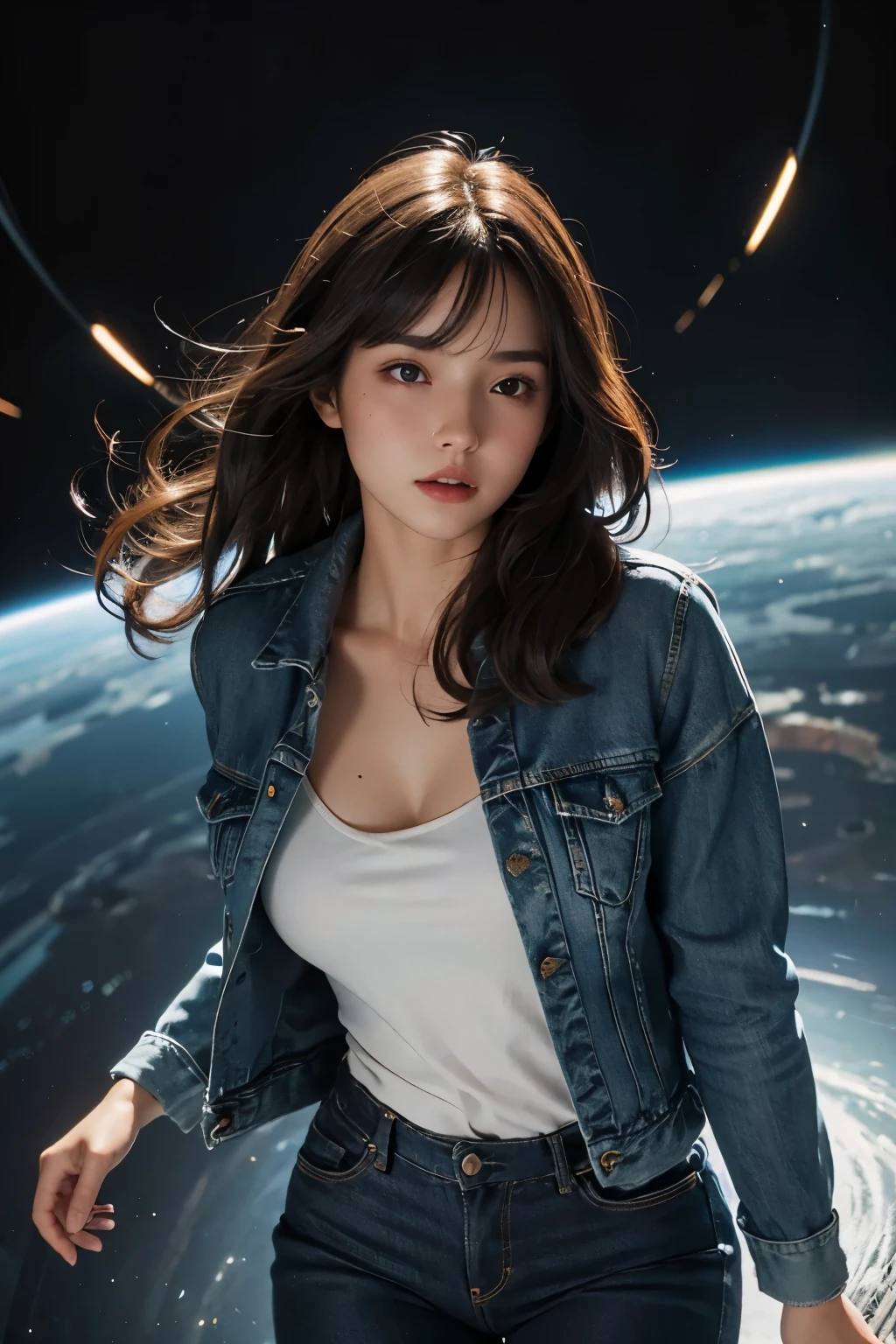 Upper body close-up image.A beautiful woman flying through a wormhole in hyperspace. Dark brown hair. 20-year-old. Wearing jeans and a jacket.