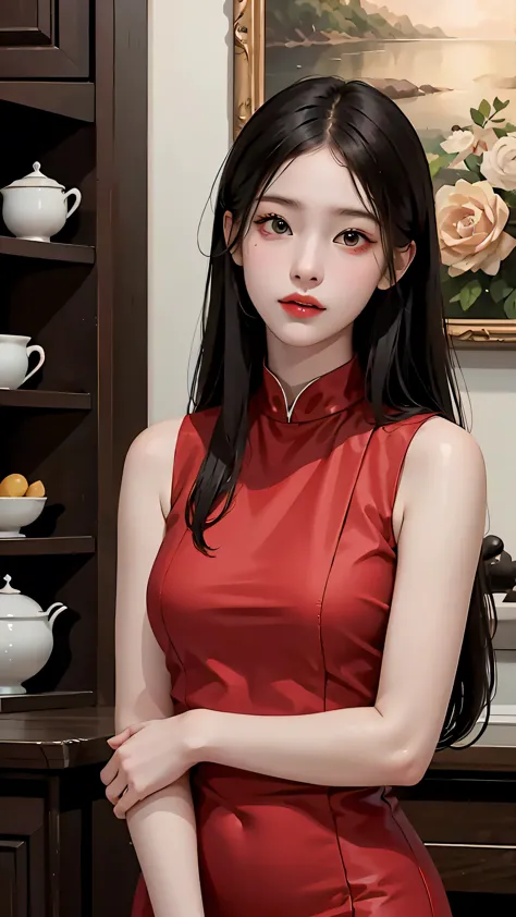 girl, black hair, 1980s (style), red sleeveless dress, long hair,