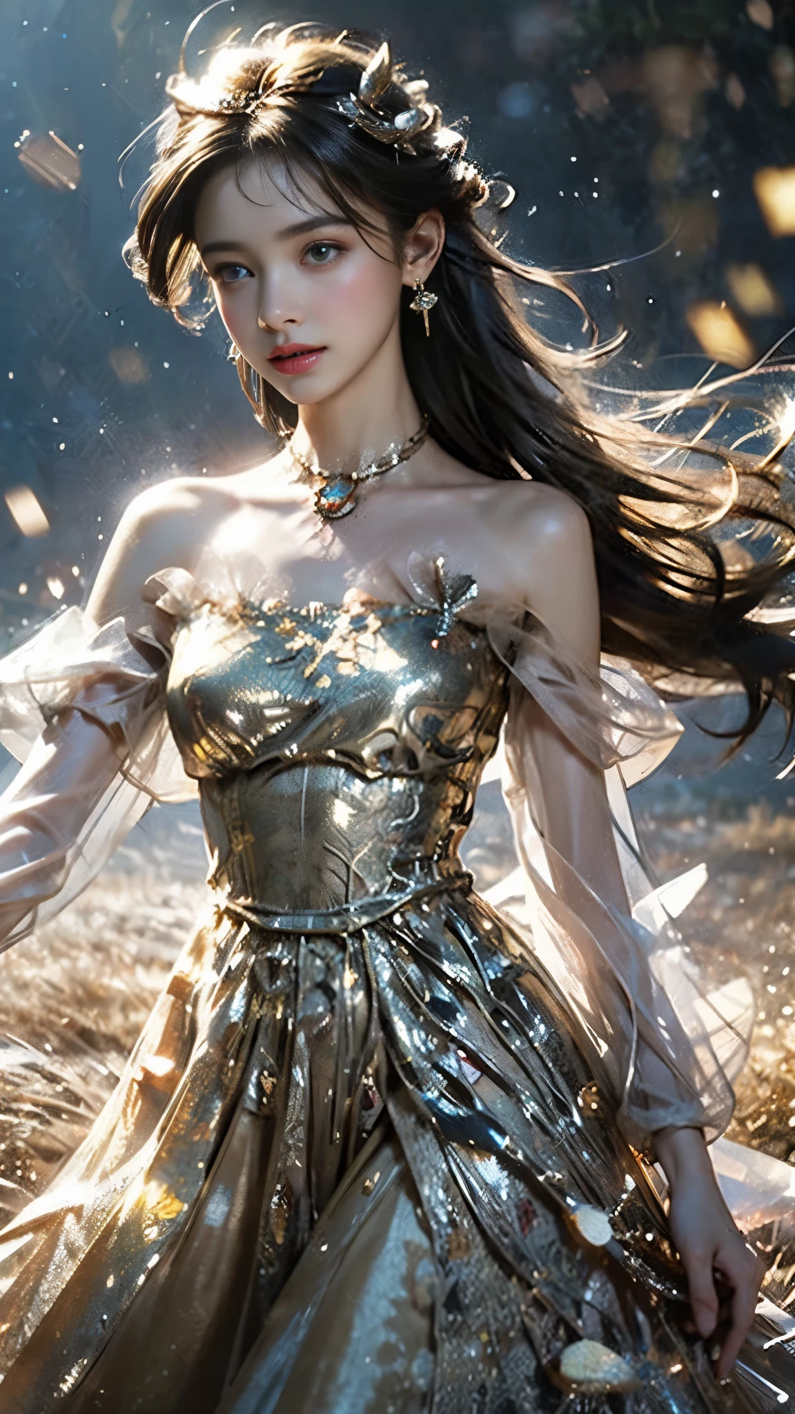 8K, ultra hd, masterpiece, 1 girl, (good face:1.4), detailed eyes, very long hair, impressive hairstyle, earings, necklace, small breasts, (golden dress:1.5), see-through, (fantasy dress:1.5) Light-colored foundation brings out the transparency of the skin, (in the wonderland:1.5), mystery, diwali lights, glowing lights, very decoration, The lights falls like water, perfect front body,