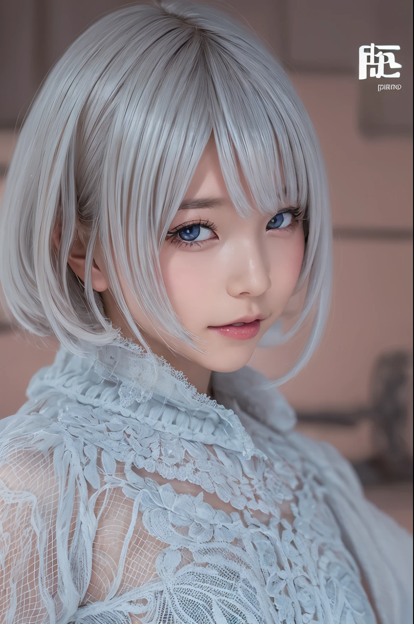 ((high quality)),table top,(Detailed depiction of local details:1.2),1 Japanese girl,(plump breasts:1.3),Enchanted Valley,closed mouth,eyelash,looking at the viewer,portrait,alone,Upper body,gray hair,white theme,short hair,silver hair,Yoruhano. 2 Type B,