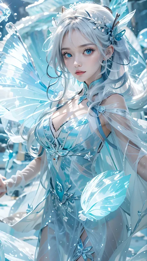 Frost Goddess,Frozen fluid,Ice World,ice,1girl,Translucent clothing,air bubble,blue butterfly,blue eyes,blue nails,breasts,Posit...