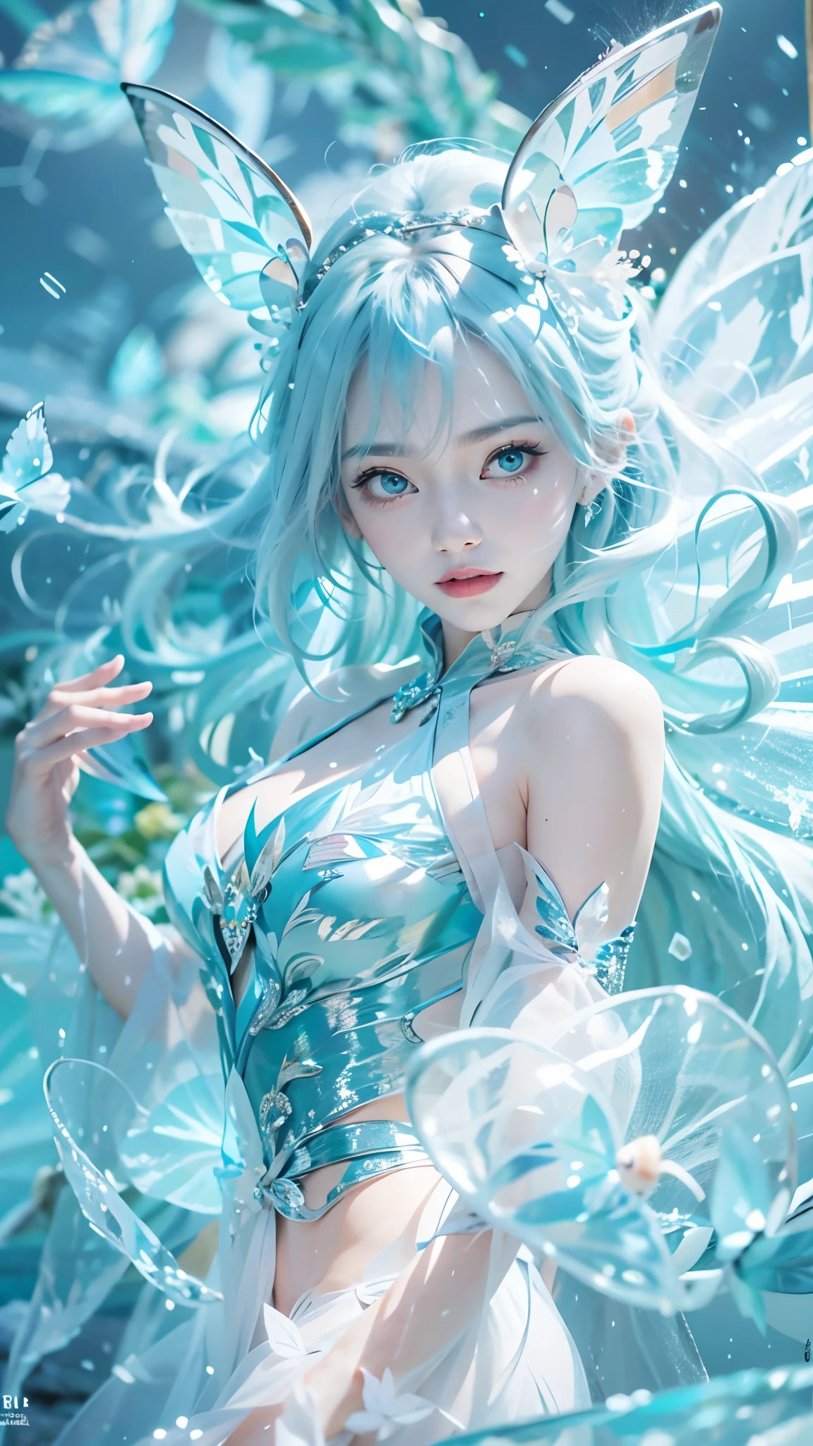 Frost Goddess,Frozen fluid,Ice World,ice,1girl,Translucent clothing,air bubble,blue butterfly,blue eyes,blue nails,breasts,Positive, character on the right, upper body, above knee level,Dynamic pose,bubble,Blue butterfly wings,butterfly wings,crystal,dress,glowing butterfly,long hair,looking at viewer,medium breasts,parted lips,solo,water