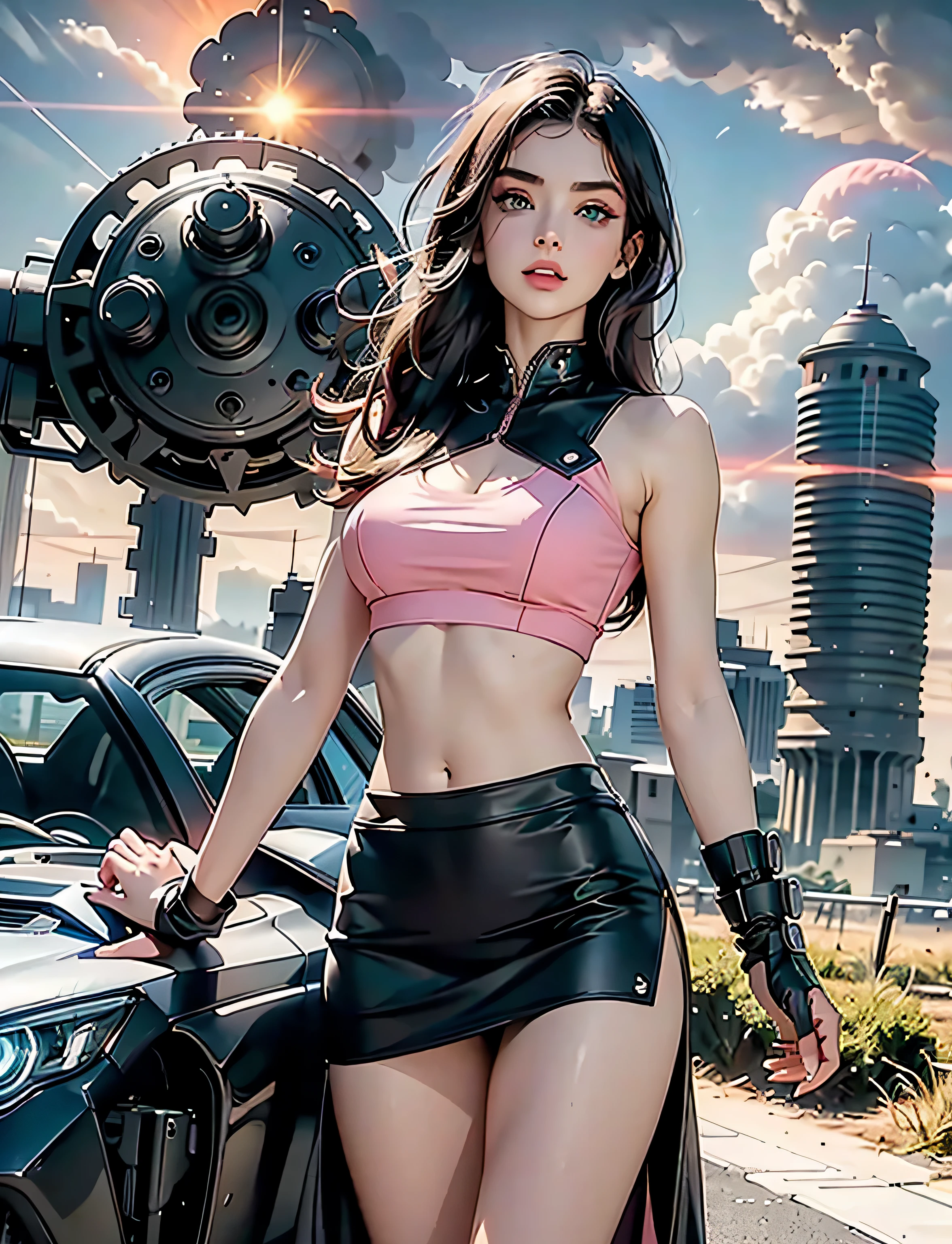 perfect female shape，leather pink skirt, dark hair, green eyes, High Dynamic Range，long eyelashes，Unbeatable masterpiece，tan skin，putting makeup on，Sexy goddess，crop top, pink skirt, large techno sword, Large mechanical gears，The setting sun burns the clouds，8K high quality，Sexy goddess，A pair of big eyes are beautiful and moving，Makeup，Sexy outfit，【Background with】Large gears，Blue light comes out，Large gears，Doomsday ruins，Giant tornado，Strange sky，The setting sun burns the clouds, orbiting planets，Jupiter，Mercury，Strange sky，Giant tornado 