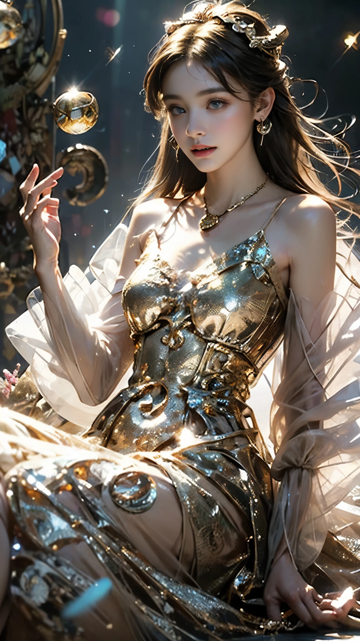 8K, ultra hd, masterpiece, 1 girl, (good face:1.4), detailed eyes, very long hair, impressive hairstyle, earings, necklace, small breasts, (golden dress:1.5), see-through, (fantasy dress:1.5) Light-colored foundation brings out the transparency of the skin, (in the wonderland:1.5), mystery, diwali lights, glowing lights, very decoration, The lights falls like water, perfect front body, sitting,