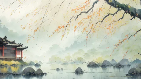 ancient style illustration chinese watercolor landscape painting watercolor river maple leaves autumn chinese landscape bare tre...