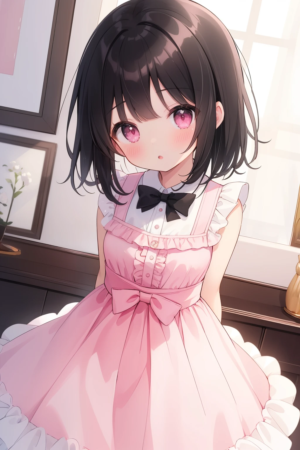 Anime girl in pink dress sitting on floor with a window - SeaArt AI