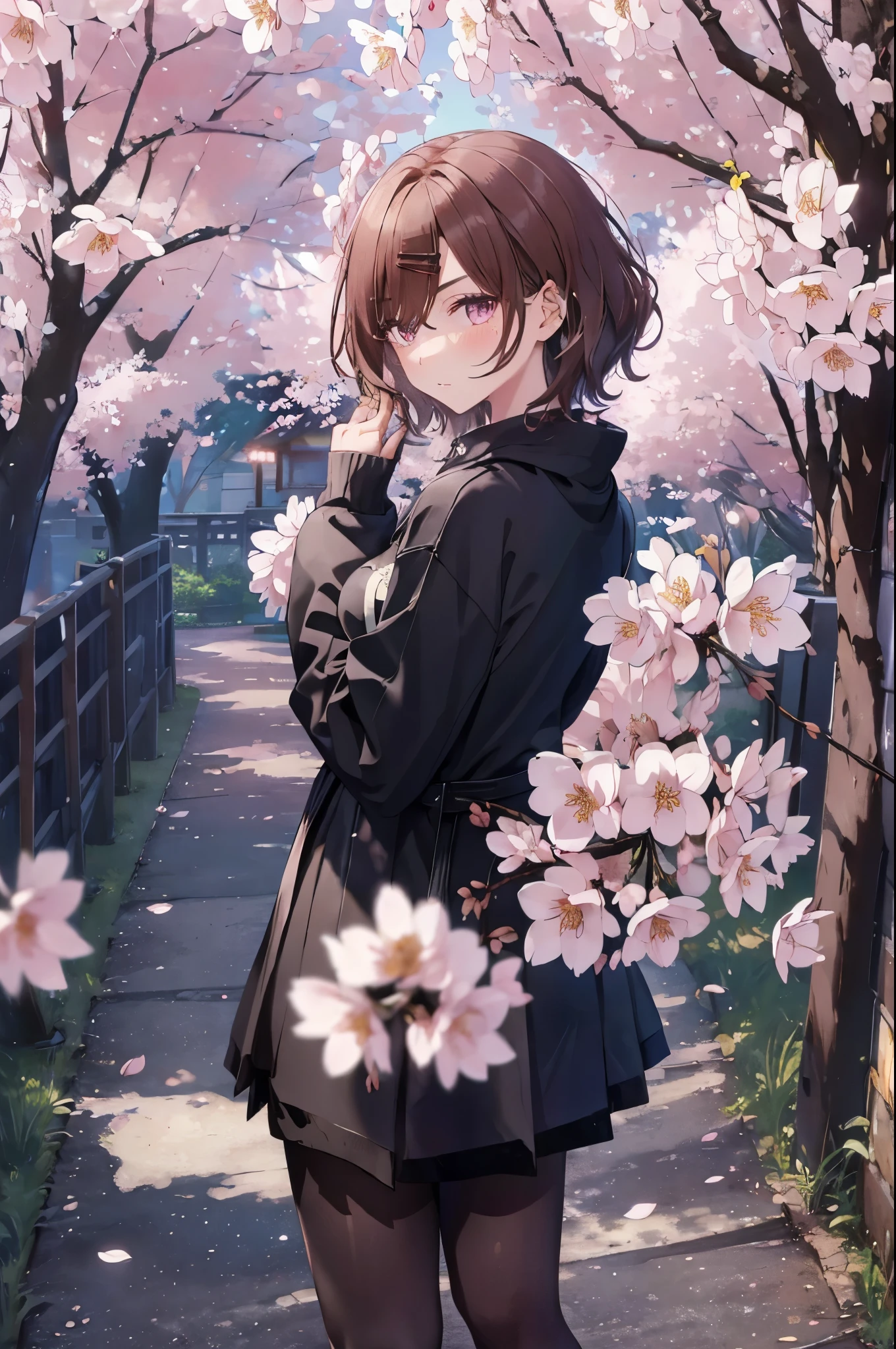 (best image quality, masterpiece:1.2), (super detail drawing),from behind, from above、(full body:1.3), A kaleidoscope of vibrant blossoms and enchanting cherry trees々surrounded by、A girl stands in a breathtaking city landscape。(Walking through the cherry blossom district:1.2),(sky scraper:0.6) ,The starry sky above is illuminated with mysterious colorful lights, Create a fantastic atmosphere, BREAK　①Quality：(1girl:1.3),(Perfect hands:1.3),(Perfect Anatomy:1.3), (master piece:1.3),(best quality:1.3), detailed,8k ②th：high resolution,beautiful detailed eyes, cute eyes, sparkling pupils, Intricate Iris Details, Captivating Eye Reflections, Sparkling Highlights in the Eyes, Depth and Dimension in the Pupils, Subtle Color Variations in the Iris, Meticulous Eyelash Details, detailed eyes, ③Lighting：Best Illumination, Part ④⑤: ultra-detailed face,detailed skin, ⑥Body shape：(slender body type:1.3), Seven heads, small head, ⑦Skin: ⑧Expression：(blush:1.1), Looking at Viewer, waiting for a kiss, ⑨Style: ⑩Subject：aamadoka,(mole under eye:0.8),short hair,bangs,hairclip,black sweater,hood,long sleeves,collared shirt,plaid skirt,grey skirt,(black pantyhose:1.4), thighband pantyhose,loafers,brown footwear, short hair、bangs、Hair clip ⑪Hair: shiny hair, floating hair, short hair, brown hair, mole under eye, mole, hair ornament, hairclip, BREAK ⑫Environment： ⑬Composition： ⑭Costume : piercing,　(wrinkles between eyebrows:1.3)、