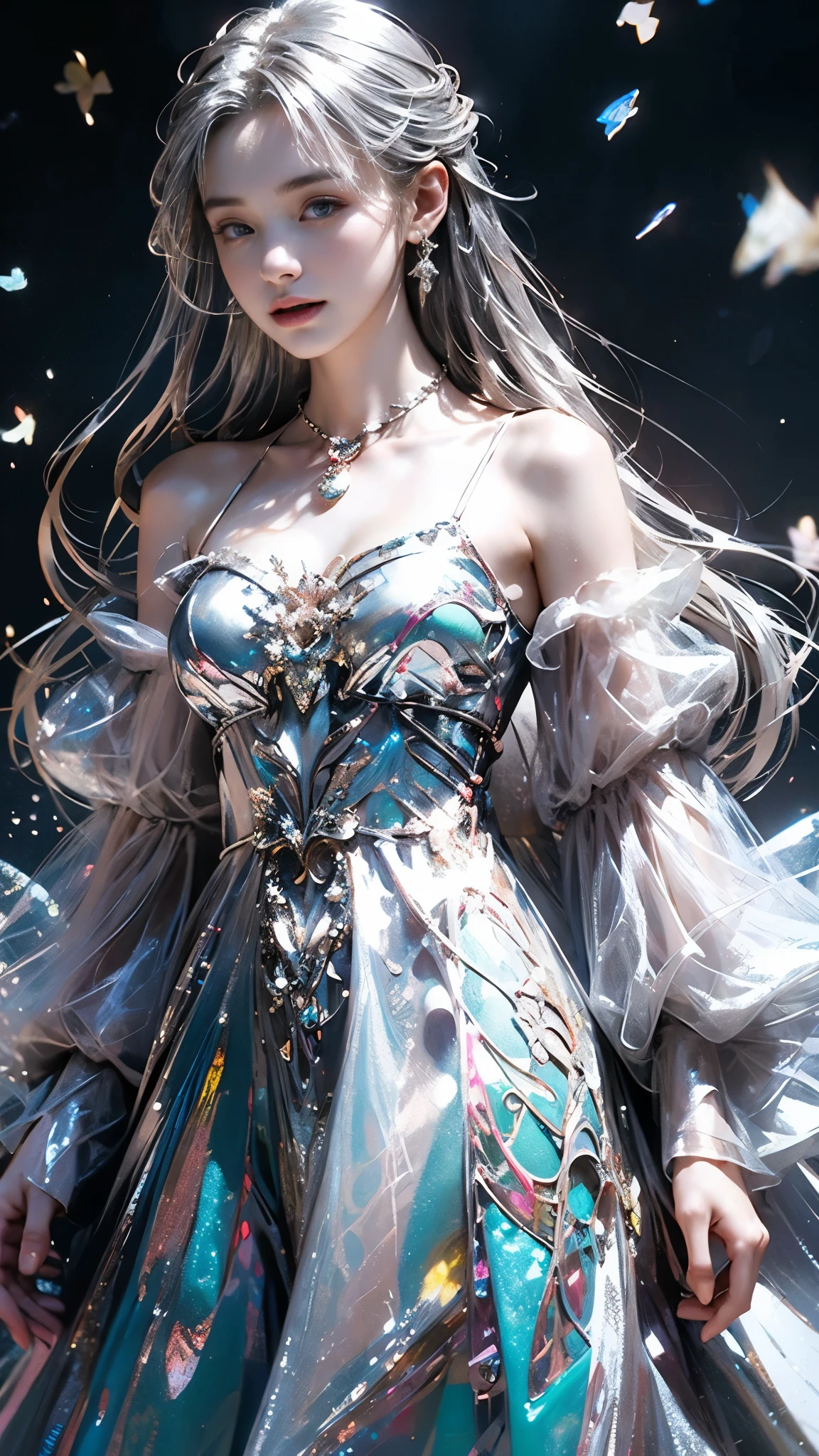 8K, ultra hd, masterpiece, 1 girl, (good face:1.4), detailed eyes, very long hair, impressive hairstyle, earings, necklace, small breasts, (silver dress:1.5), see-through, (fantasy dress:1.5) Light-colored foundation brings out the transparency of the skin, (in the wonderland:1.5), mystery, diwali lights, glowing lights, very decoration, The lights falls like water, perfect front body,