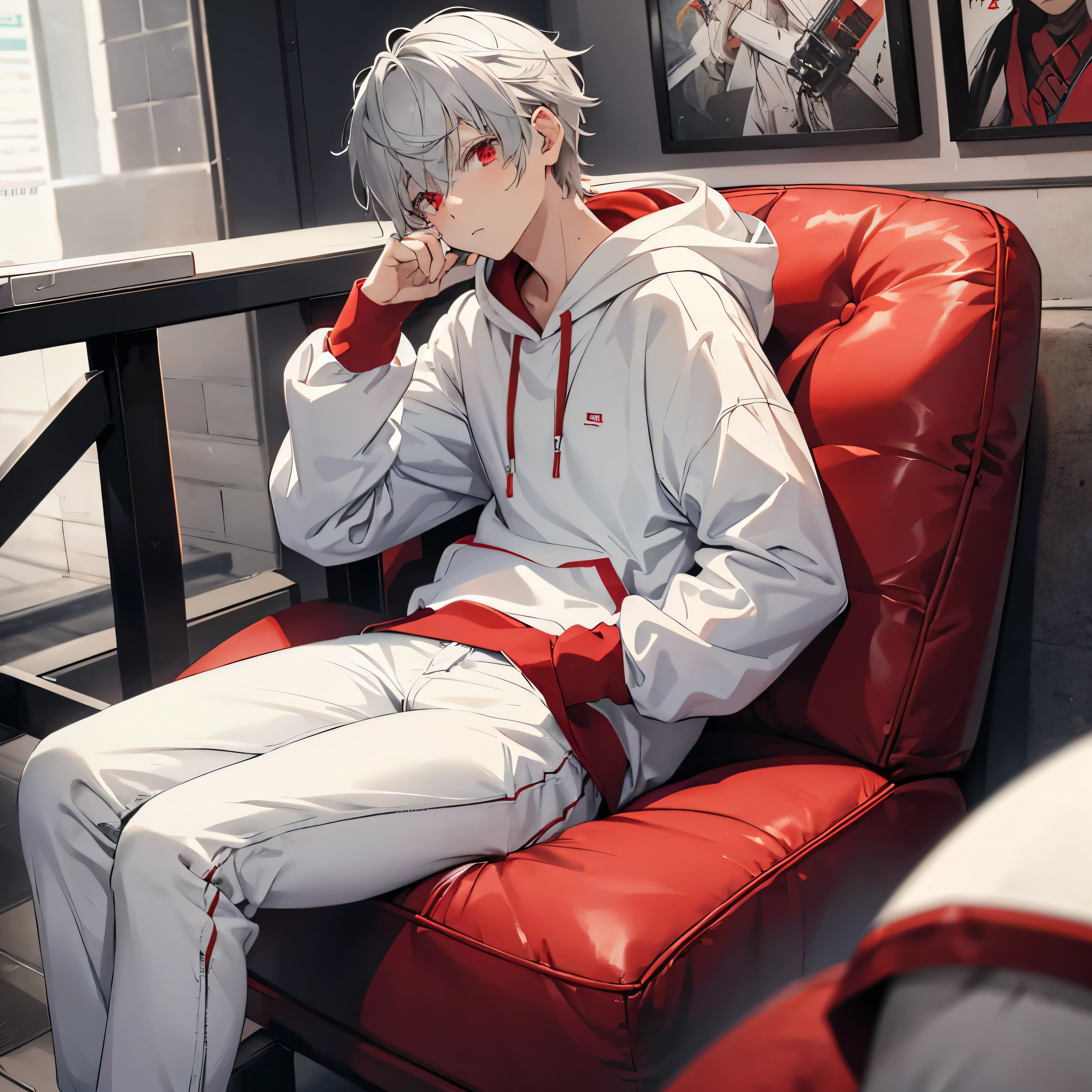 Anime guy sitting on a red chair with his hand on his face - SeaArt AI