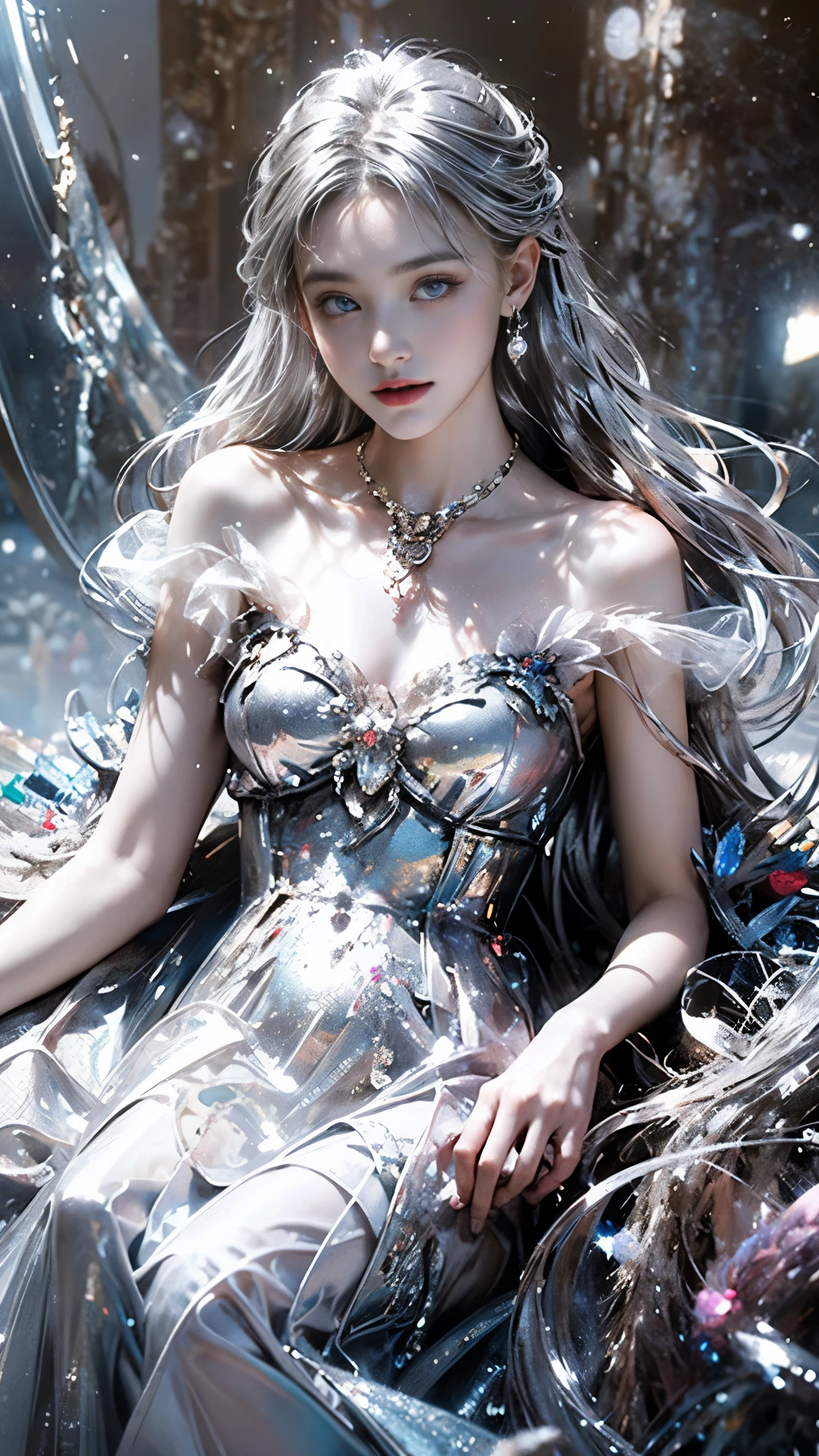 8K, ultra hd, masterpiece, 1 girl, (good face:1.4), detailed eyes, very long hair, impressive hairstyle, earings, necklace, small breasts, (silver dress:1.5), see-through, (fantasy dress:1.5) Light-colored foundation brings out the transparency of the skin, (in the wonderland:1.5), mystery, diwali lights, glowing lights, very decoration, The lights falls like water, perfect front body, sitting,