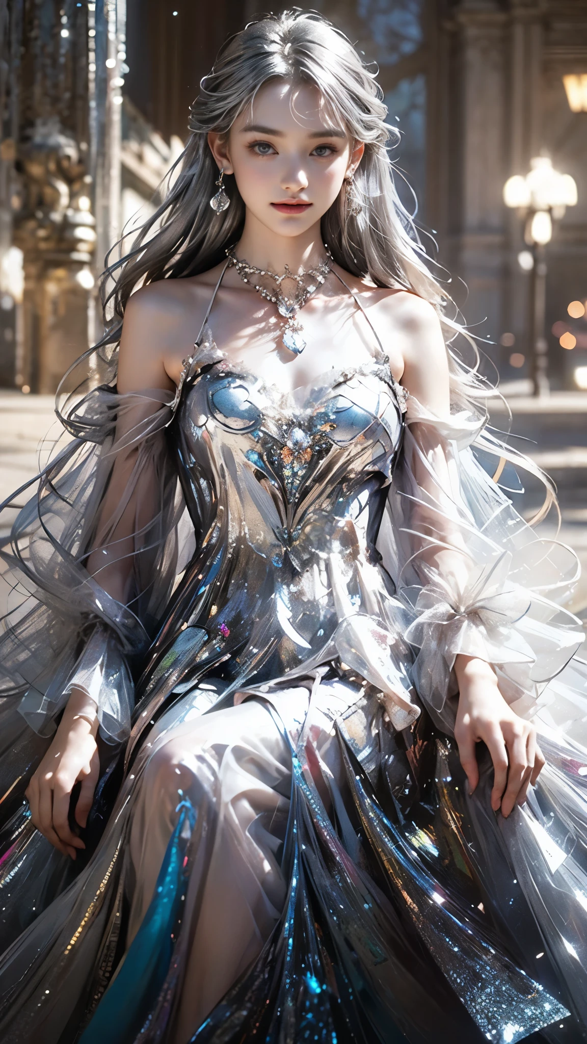 8K, ultra hd, masterpiece, 1 girl, (good face:1.4), detailed eyes, very long hair, impressive hairstyle, earings, necklace, small breasts, (silver dress:1.5), see-through, (fantasy dress:1.5) Light-colored foundation brings out the transparency of the skin, (in the wonderland:1.5), mystery, diwali lights, glowing lights, very decoration, The lights falls like water, perfect front body, sitting,