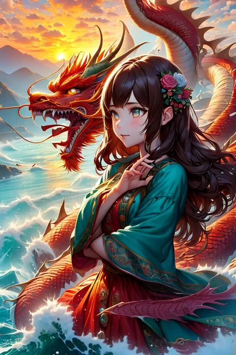 girl embracing majestic dragon atop a mountain peak, ((highest quality, best quality)), breathtaking scene, ((super detail, very...