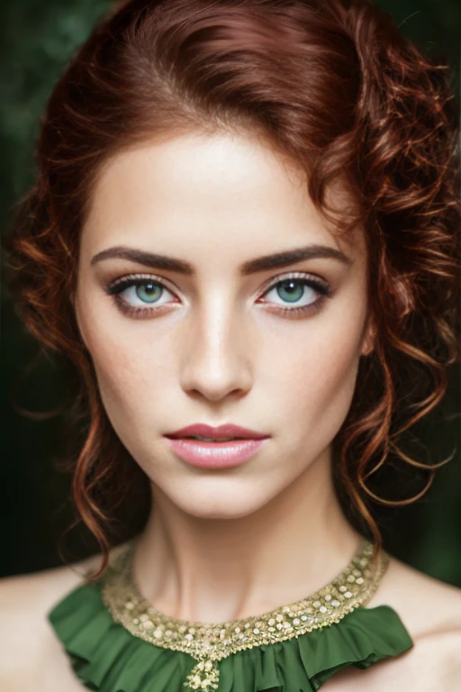 beautiful lady, freckles, dark makeup, hyperdetailed photography, soft light, head and shoulders,  , , extremely detailed, amazing, fine detail,  perfect beautiful woman extremely detailed, extremely symmetrical extreme detailed symmetrical eyes and face, sharp piercing green eyes lumen lighting, detailed clothing, smooth and lean glowing skin, subsurface glow, (goth: 0.8), double bun, bangs, ruffles, skirt, red hair