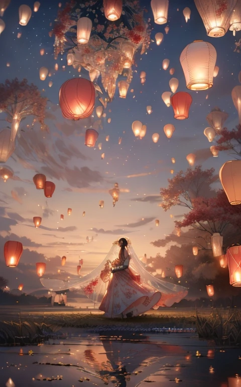 sky lanternmasterpiece, best quality, 32k uhd, insane details, intricate details, hyperdetailed, hyper quality, high detail, ultra detailed, Masterpiece, (Real waterRealistic waterflowing water:1.1)ripples(red  sky:1.4),
(Wedding dress, veil, gown gloves, gloves:1.4), necklace,earrings,
A whimsical sight of paper lanterns floating against the twilight sky, captured in a wide view by Tim Walker.    The lanterns cast a warm glow, creating a dreamlike tableau that melds tradition with beauty, i can't believe how beautiful this is, dream-like atmosphere

